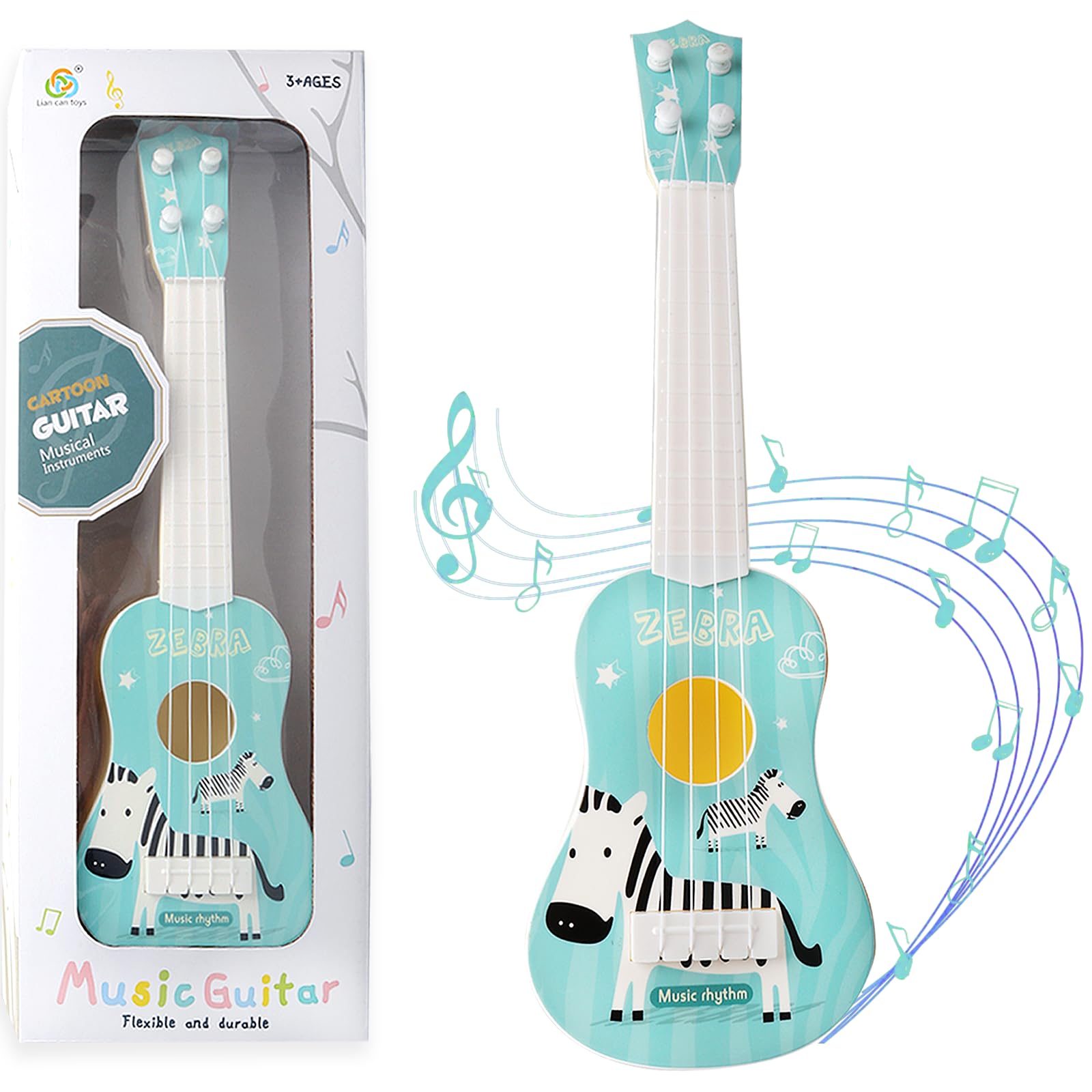 36cm Kids Ukulele Toy Guitar for Girls & Boys, Zebra Cartoon Toddler Guitar with 4 Adjustable Strings