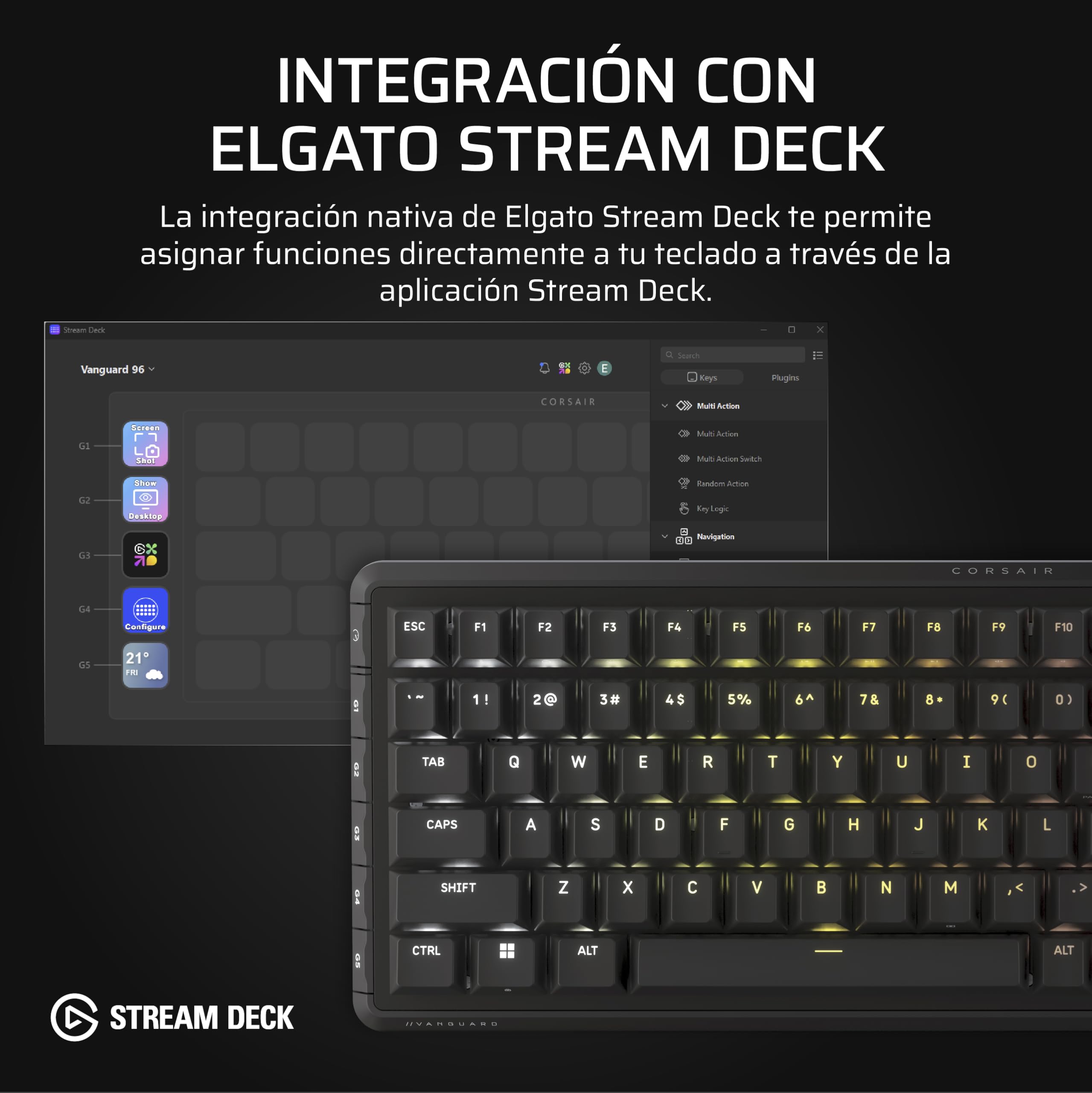 Corsair Vanguard 96 Teclado Mecánico con Cable para Juegos– Negro | QWERTY ES, Formato 96%, Interruptor Lineal de Plasma MLX, 8000Hz, Pantalla LCD, Virtual Stream Deck, Botones G, Flashtap SOCD