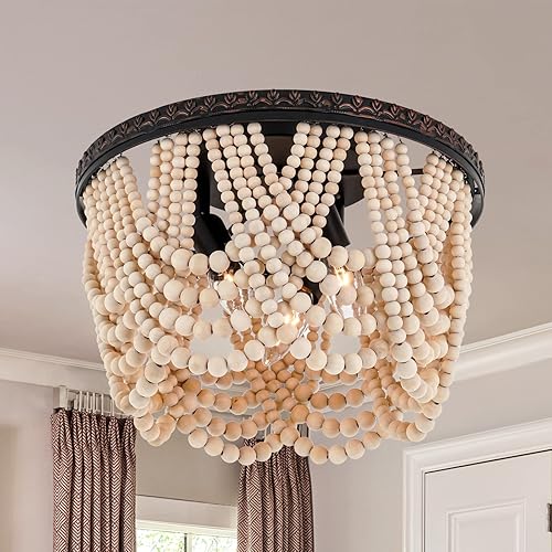 Lámpara de araña bohemia con cuentas de madera, estilo bohemio, 3 luces, con patrón de grabado, candelabros de granja para sala de estar, pasillo,