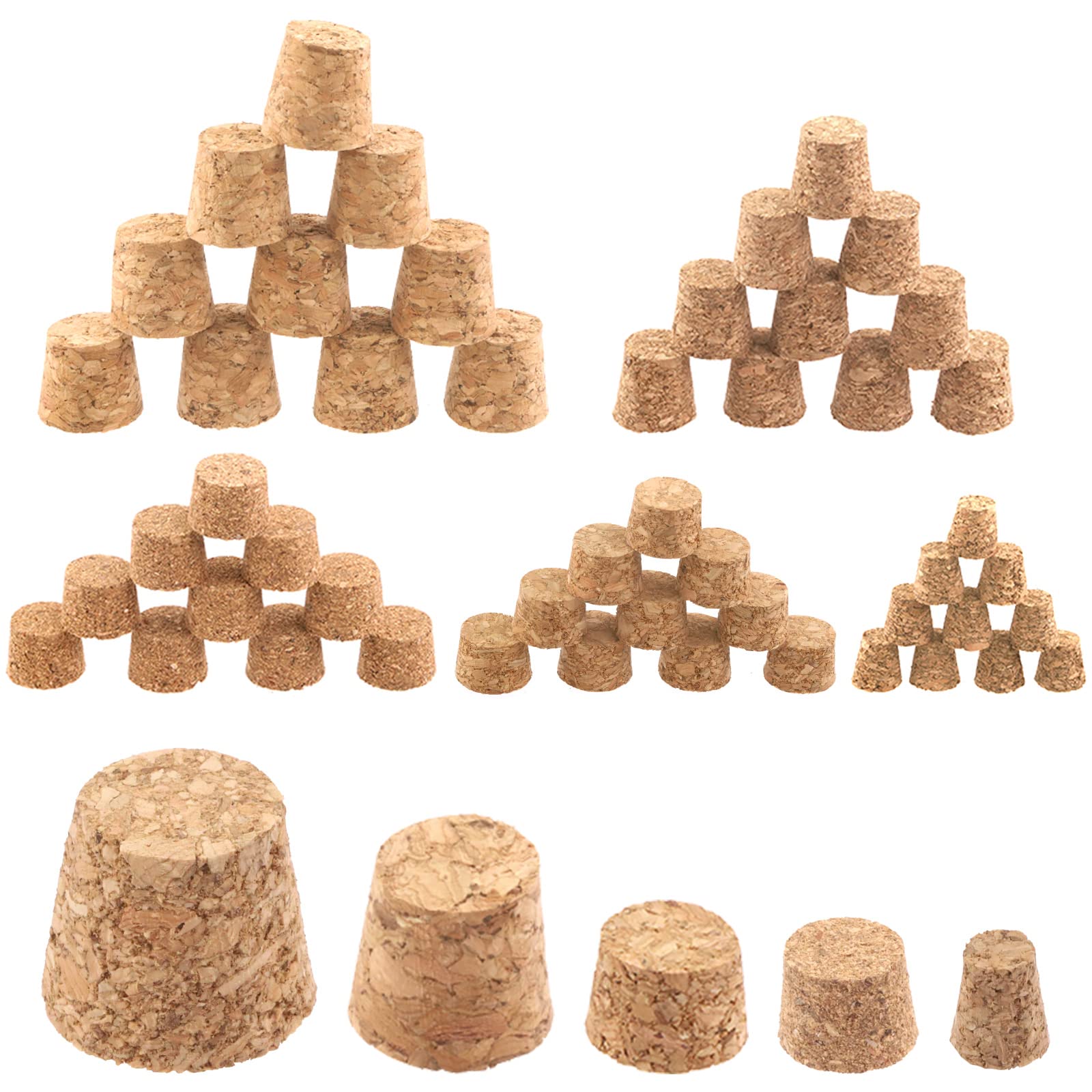 Rustark 100Pcs 5 Sizes Mini Cork Stoppers Tapered Cork Plugs Small Corks Assortment Wooden Replacement Assorted Corks for Craft Glass Jars Wine Bottles
