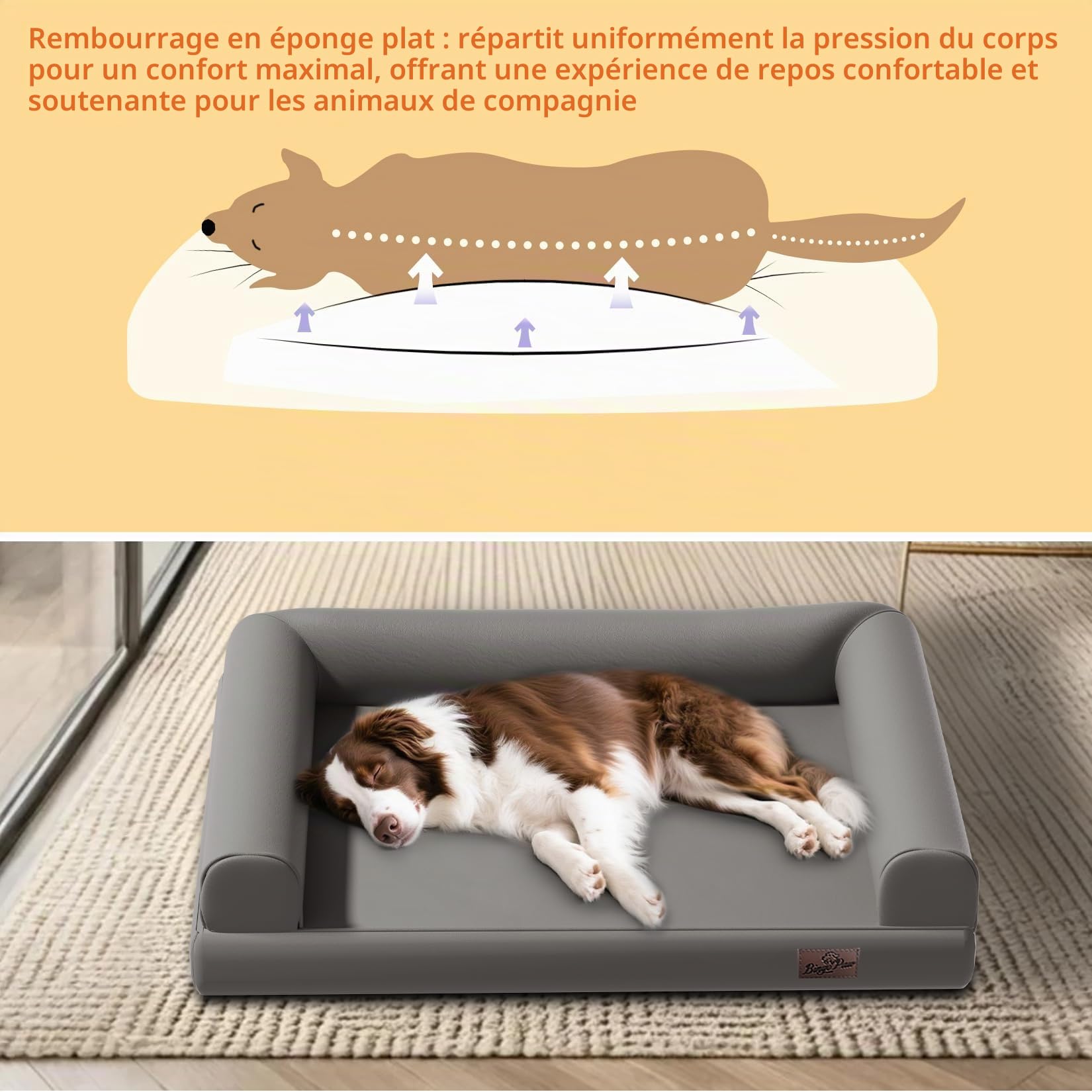 Panier Chien Orthopédique Grande Taille: 117x90x18cm Coussin pour Chien XL Déhoussable et Lavable, Lit Confortable, Tissu en Cuir Microfibre et Silicone, Gris