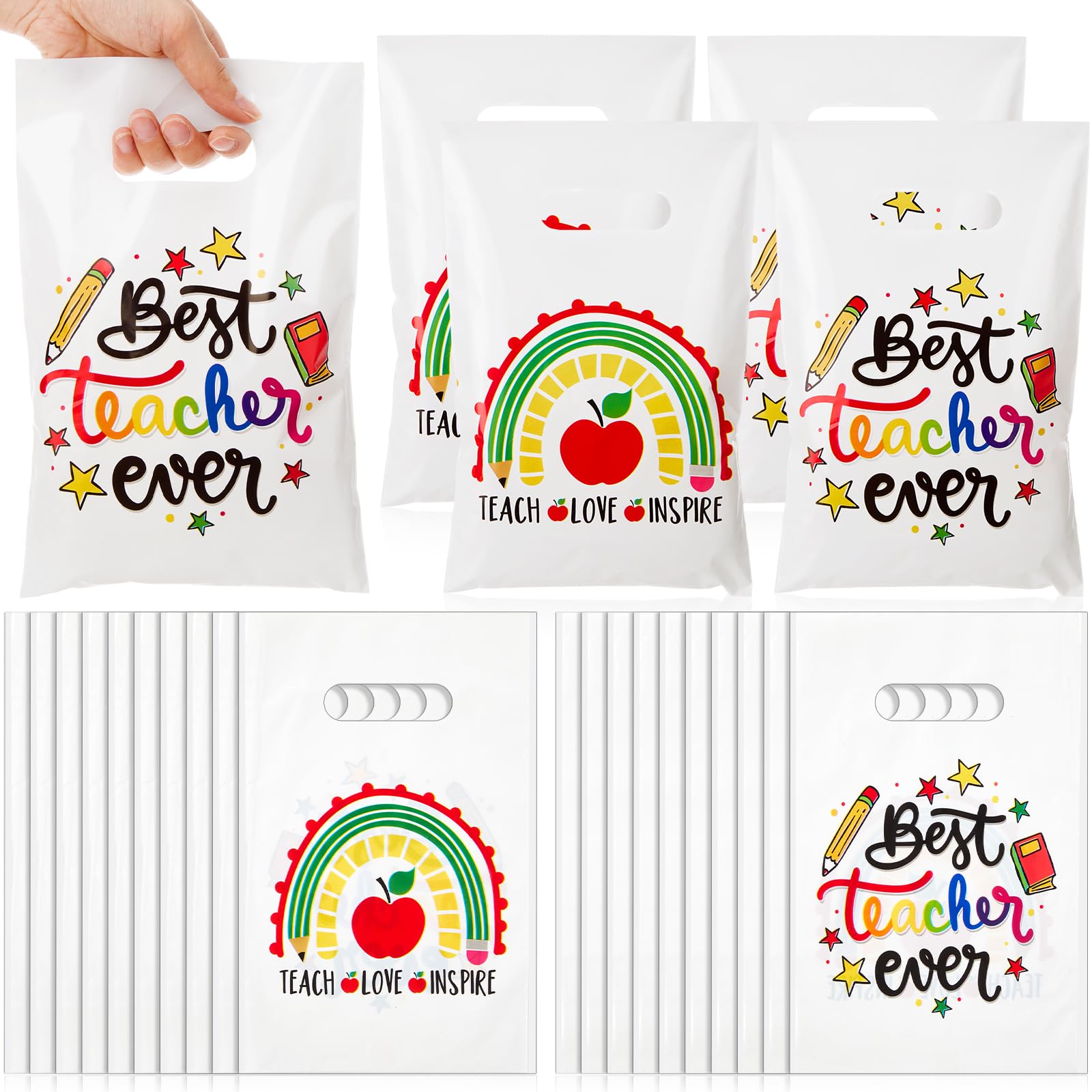 Spakon 100 Pcs Teacher Appreciation Gift Bags with Handle Happy Teachers' Day Party Favors Plastic Goody Treat Bags for School Graduation Office