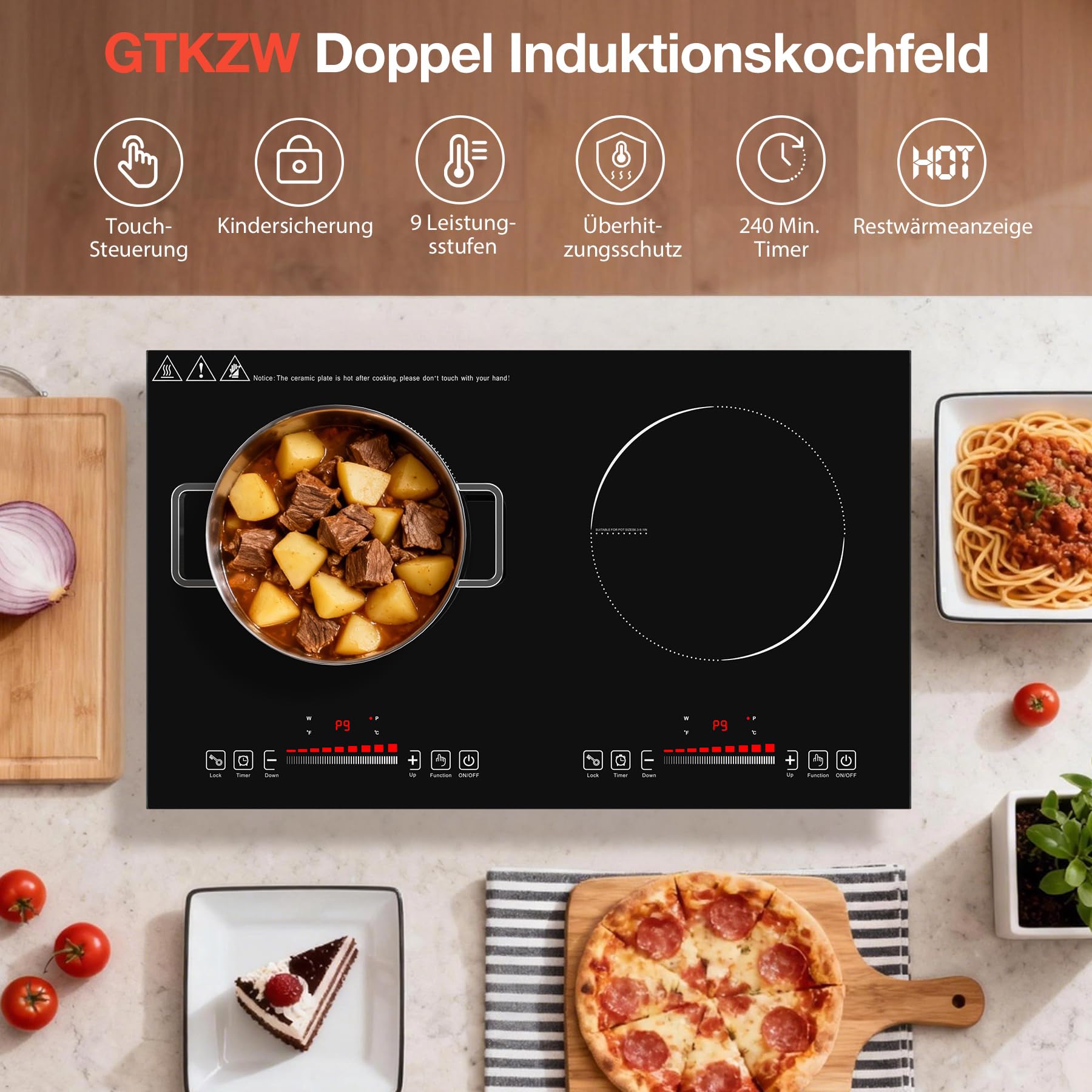Induktionskochfeld 2 Platten 3600W, Freistehende Kochplatte Elektrisch 60cm mit 9 Leistungsstufen, Timer und Kindersicherung, Doppelkochplatte für Küche und Wohnung