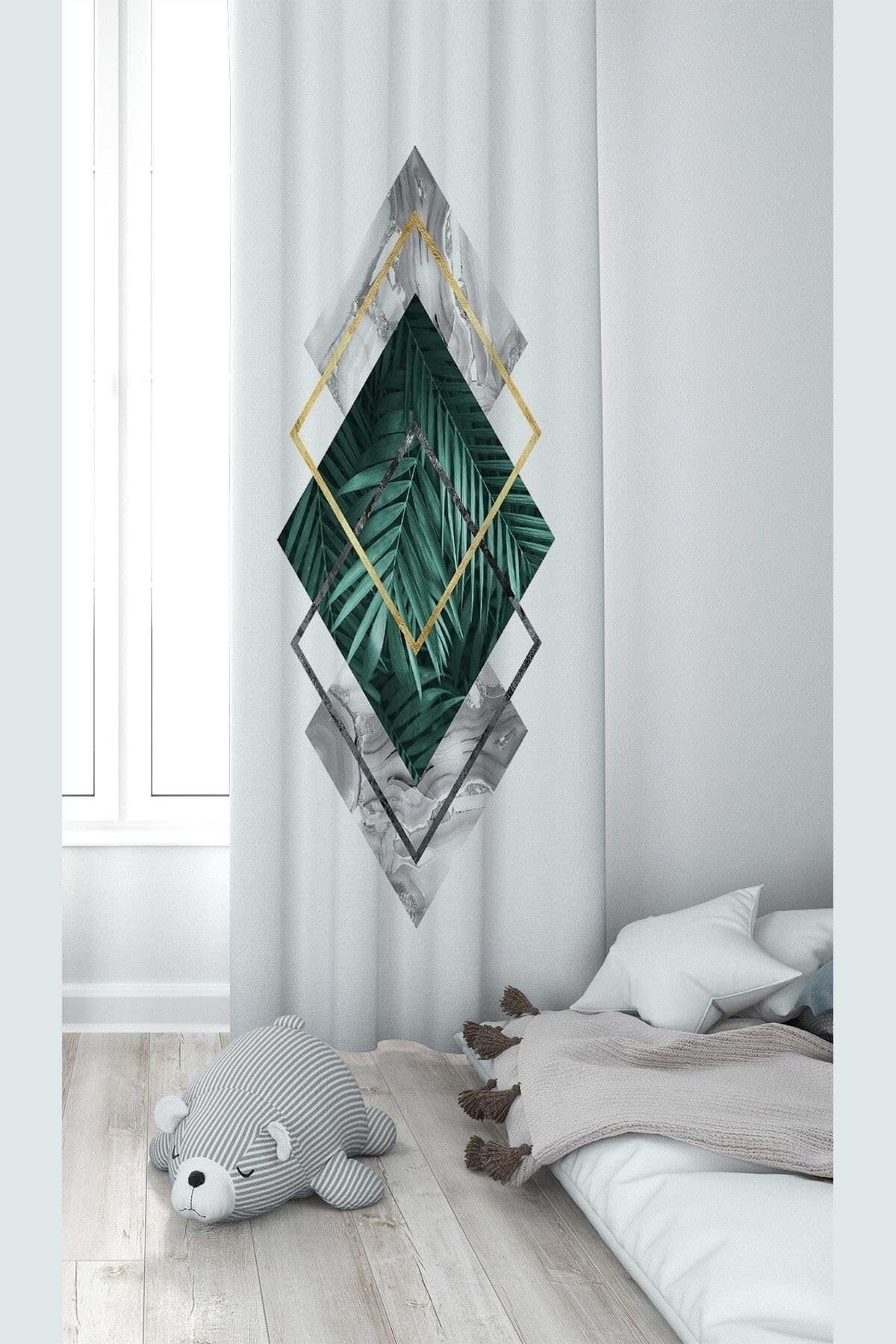 Pelangi Beyaz Doğa Yaprak Desenli Dijital Baskı Yıkanabilir Bebek Çocuk Odası Fon Perdesi, yeşil-beyaz 70 x 270