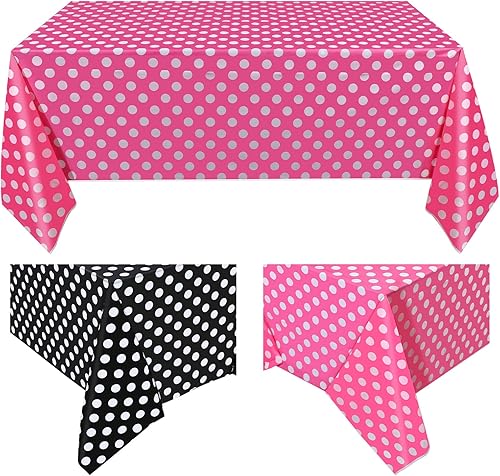 Mantel rectangular de plástico con diseño de lunares, color rosa y blanco, 3 piezas, 54 x 108 pulgadas, para decoración de cumpleaños y fiestas