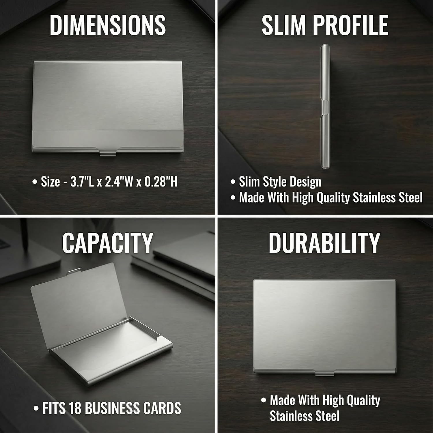 Business Card Holder, for Men and Women, Slim Minimalist Design Case, Stainless Steel Metal, Fits 18 Business Cards in Pocket