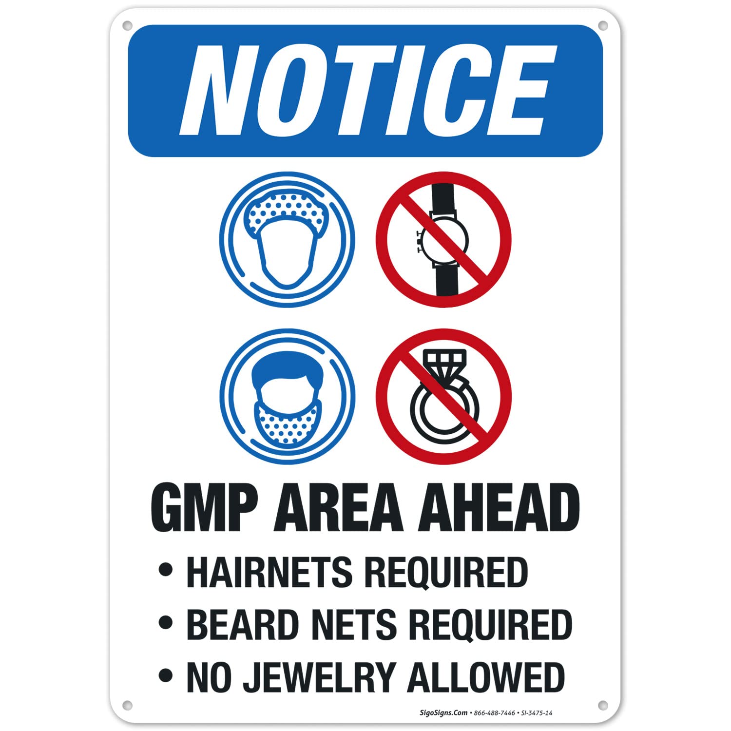 GMP Area Ahead Hairnets, Beard Nets Required No Jewelry Allowed Sign, OSHA Sign, 10x14 Inches, 55 mil Thick HDPS (high Density polystyrene), Made in