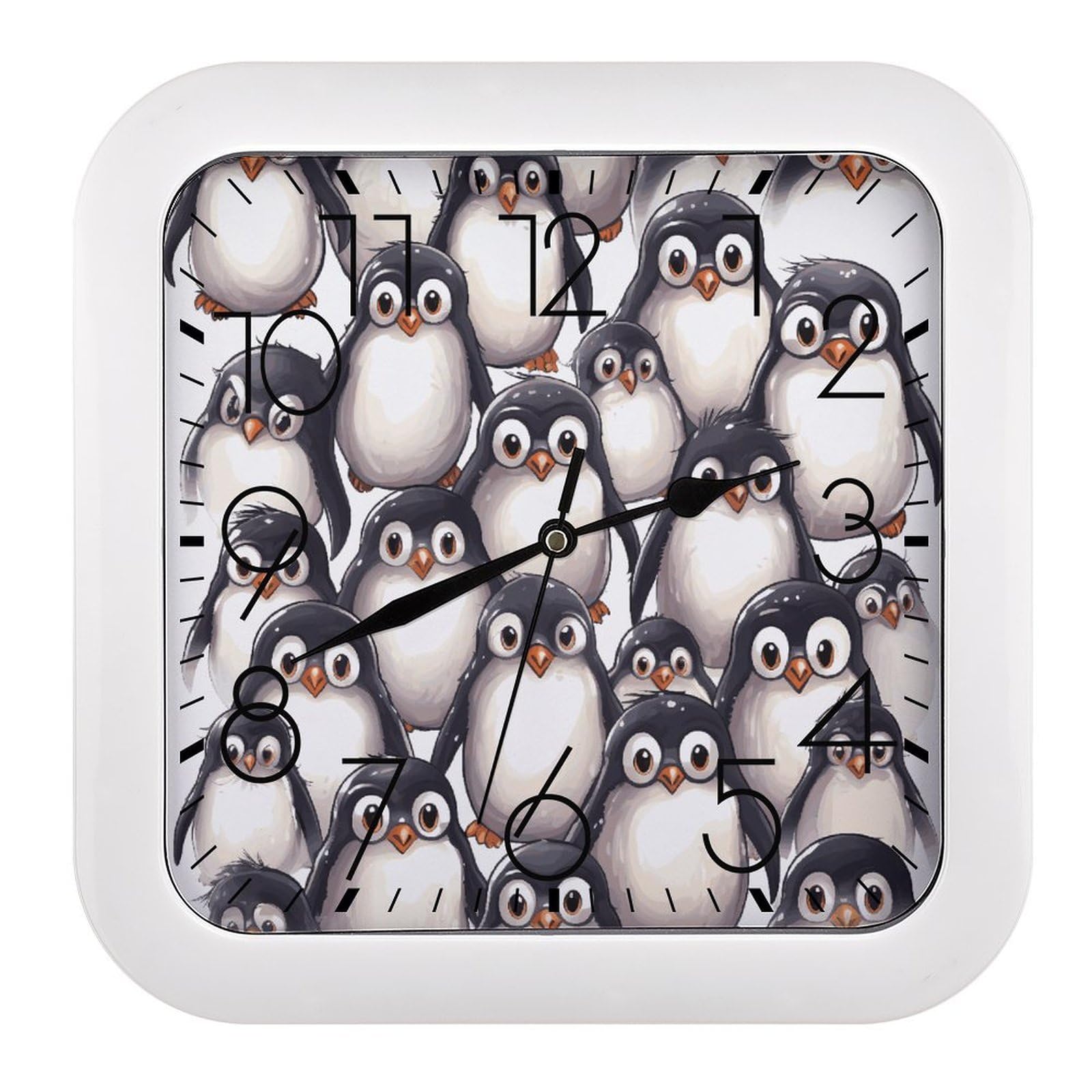NTVOWPZO 10 Inch Wall Clock Cute Baby Penguins Sketch Battery Operated Wall Clocks Silent Non-Ticking Square Wall Clock for Living Room Kitchen Home Office Wall Decorative Clocks