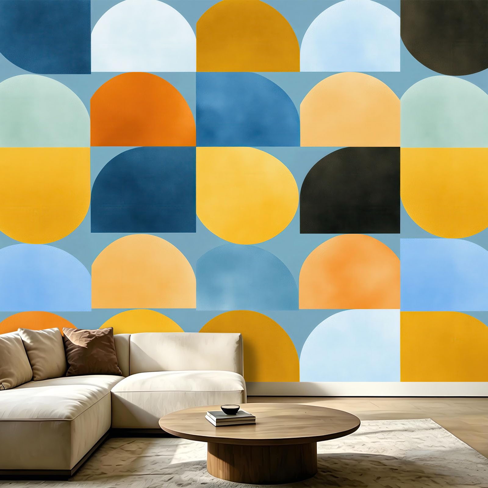 Carta da parati fotografica, semplice e moderna, geometrica 350 x 256 cm (larghezza x altezza), in tessuto non tessuto, decorazione da parete, semicerchio, blocchi di colore, per camera da letto