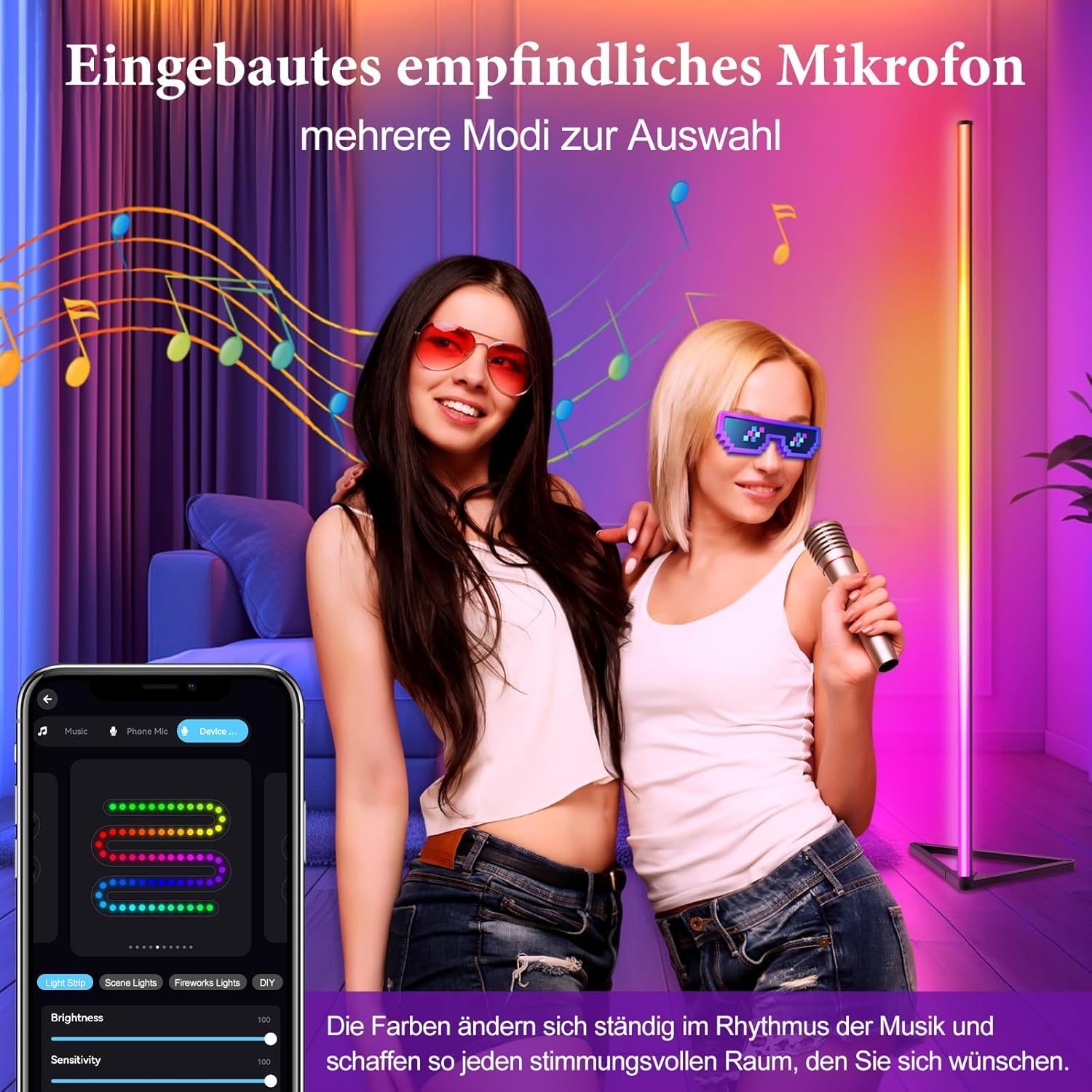 LED Stehlampe Wohnzimmer Dimmbar - 140cm Abnehmbar Stehlampe RGB mit Fernbedienung &APP, 16 Millionen Farben, Musik Sync, Timing-Funktio LED Standleuchte für Schlafzimmer Gaming-Zimmer Deko Wohnzimmer