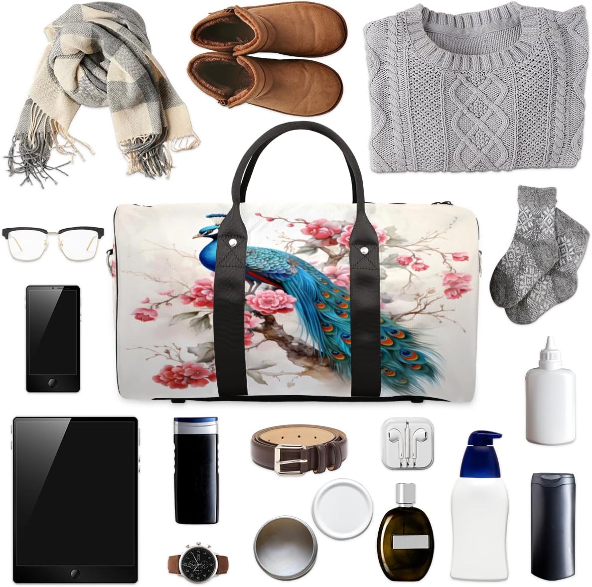 Tree Branch Flower Beautiful Peacock Travel Duffel Bag for Women Men Large Capacity Overnight Weekender Bags for Lightweight Waterproof Sport Gym Bag for Workout Yoga Swim