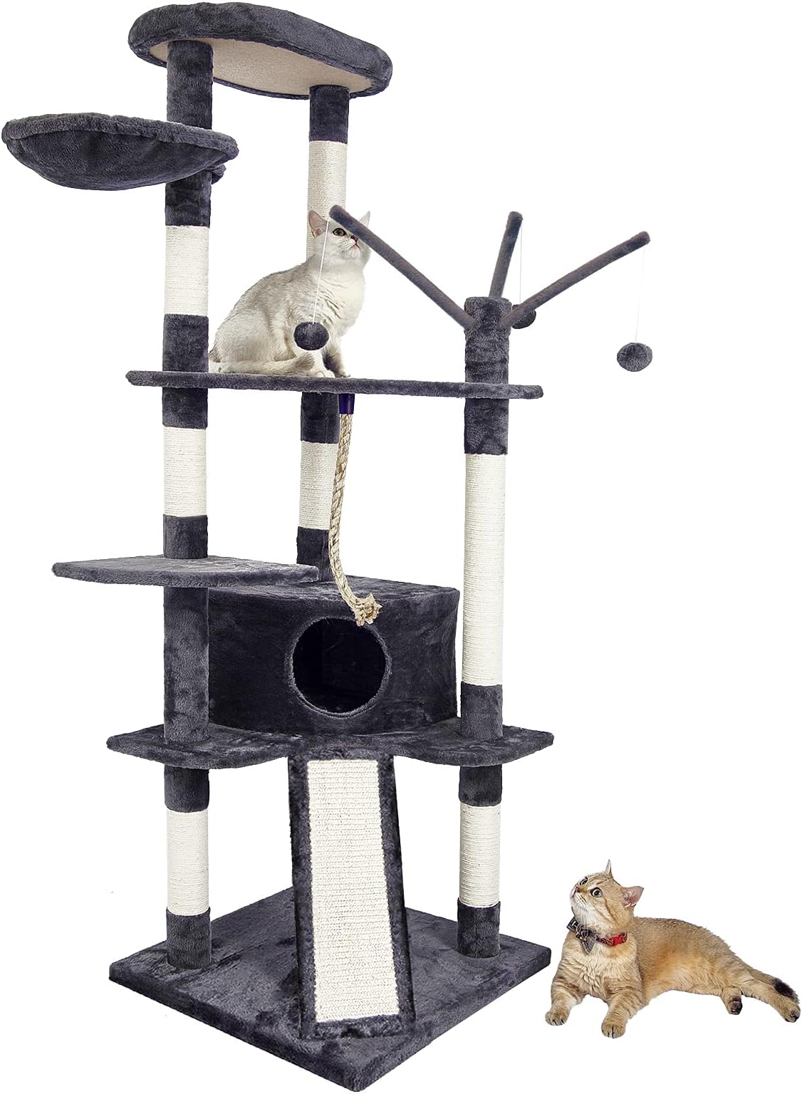 Meerveil Cat Tree, Height 167 cm, Play Tower for Cats with 4 Scratching Posts, 2 Platforms, 1 Kennel, 1 Hammock, 3 Pompoms, 1 Scratching Board, Plush Fabric, Multi-Level, Dark Grey