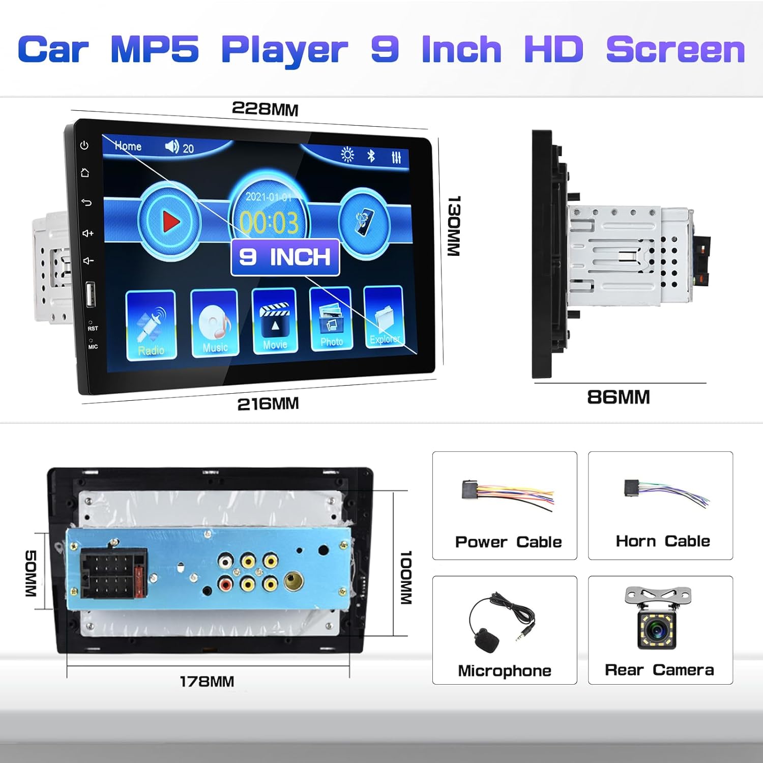 9 Inch Single Din Car Stereo with Mirror Link for Android/iOS, IPS Touch Screen Car Stereo Radio Support Bluetooth Handsfree FM Radio EQ USB SWC Backup Camera