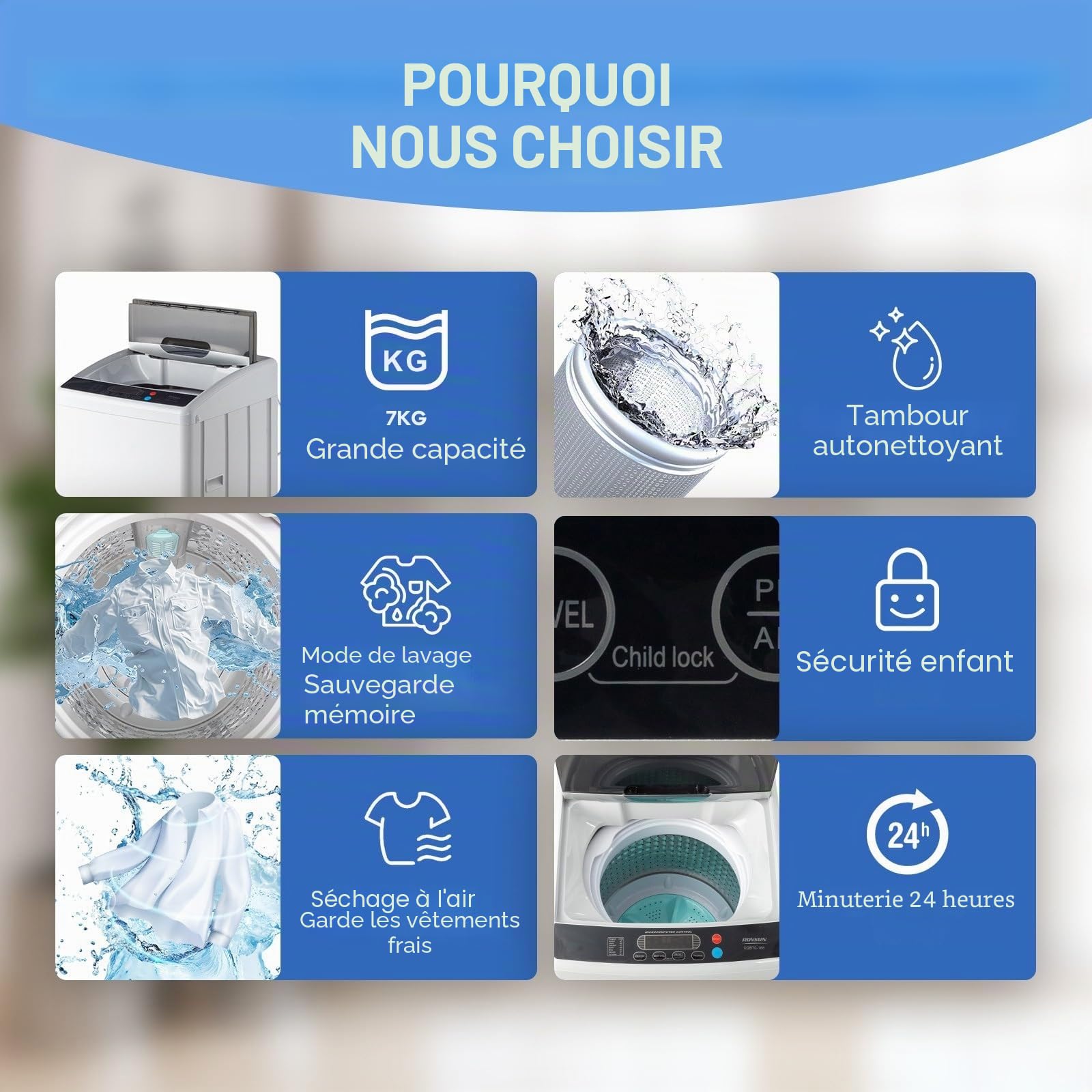 LEADZM Machine à laver à chargement frontal 7KG, lave-linge automatique complet avec essoreuse à tambour en acier inoxydable, mini machine à laver idéale pour les appartements et les camping-cars (7KG