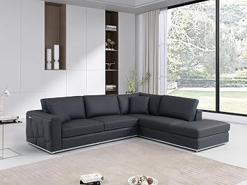 Blackjack Furniture Surton Top Grain Italian Leather Sectional Sofa for Living Room and Home Office, Modern Luxury L-Shaped Couch, Right Arm Facing, 117" W, Dark Gray