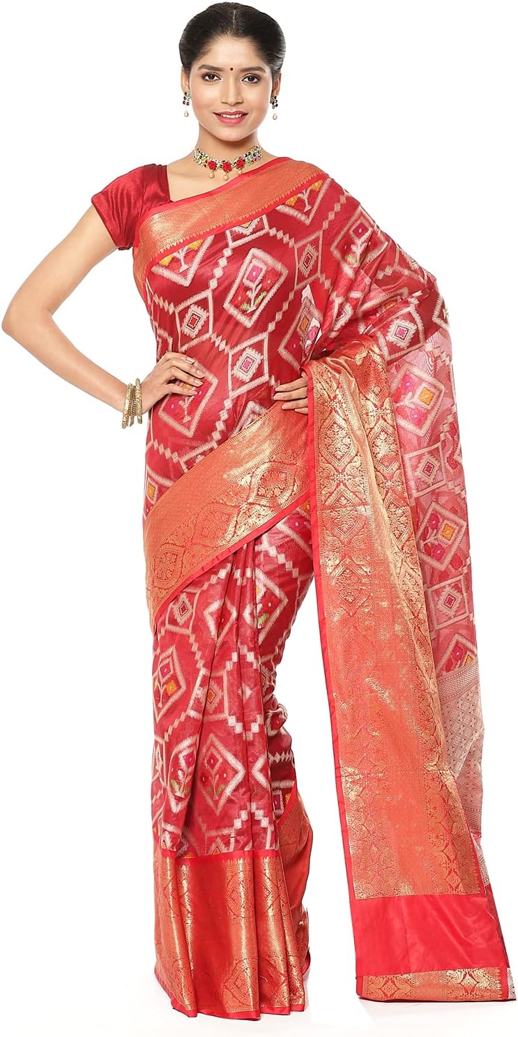 PTIEPL BANARASI SILK WORKS Maroon Katan Silk Meena Ikat Patola Patu Banarasi Saree(AS5M)
