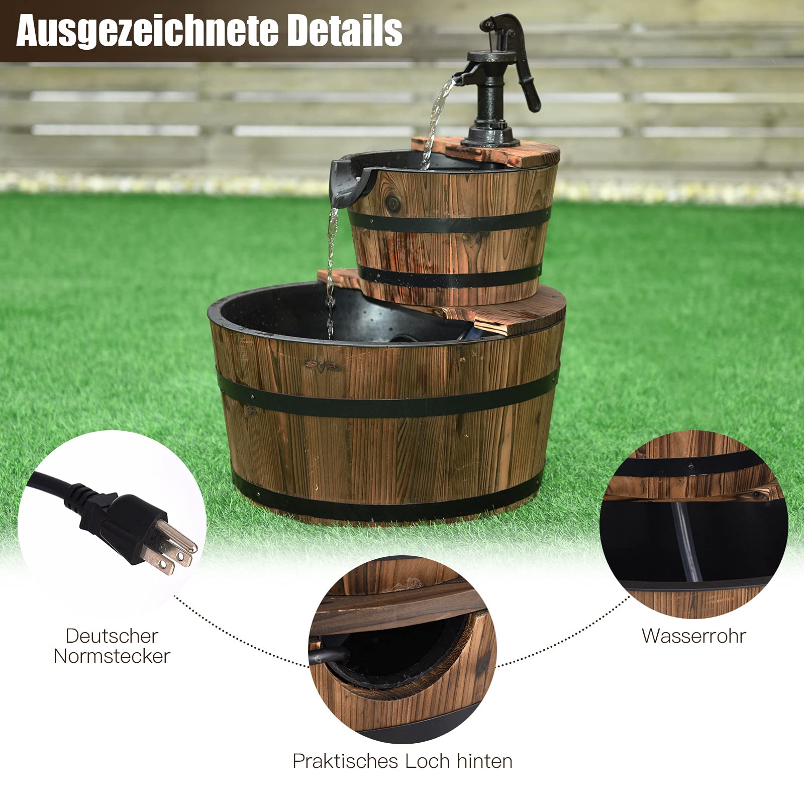 GOPLUS Gartenbrunnen mit Hochleistungspumpe, Springbrunnen aus Tannenholz, Wasserspiel im Freien für Garten, Terrasse, Rasen, Geschlossener Wasserkreislauf, 44,5 x 44,5 x 61cm