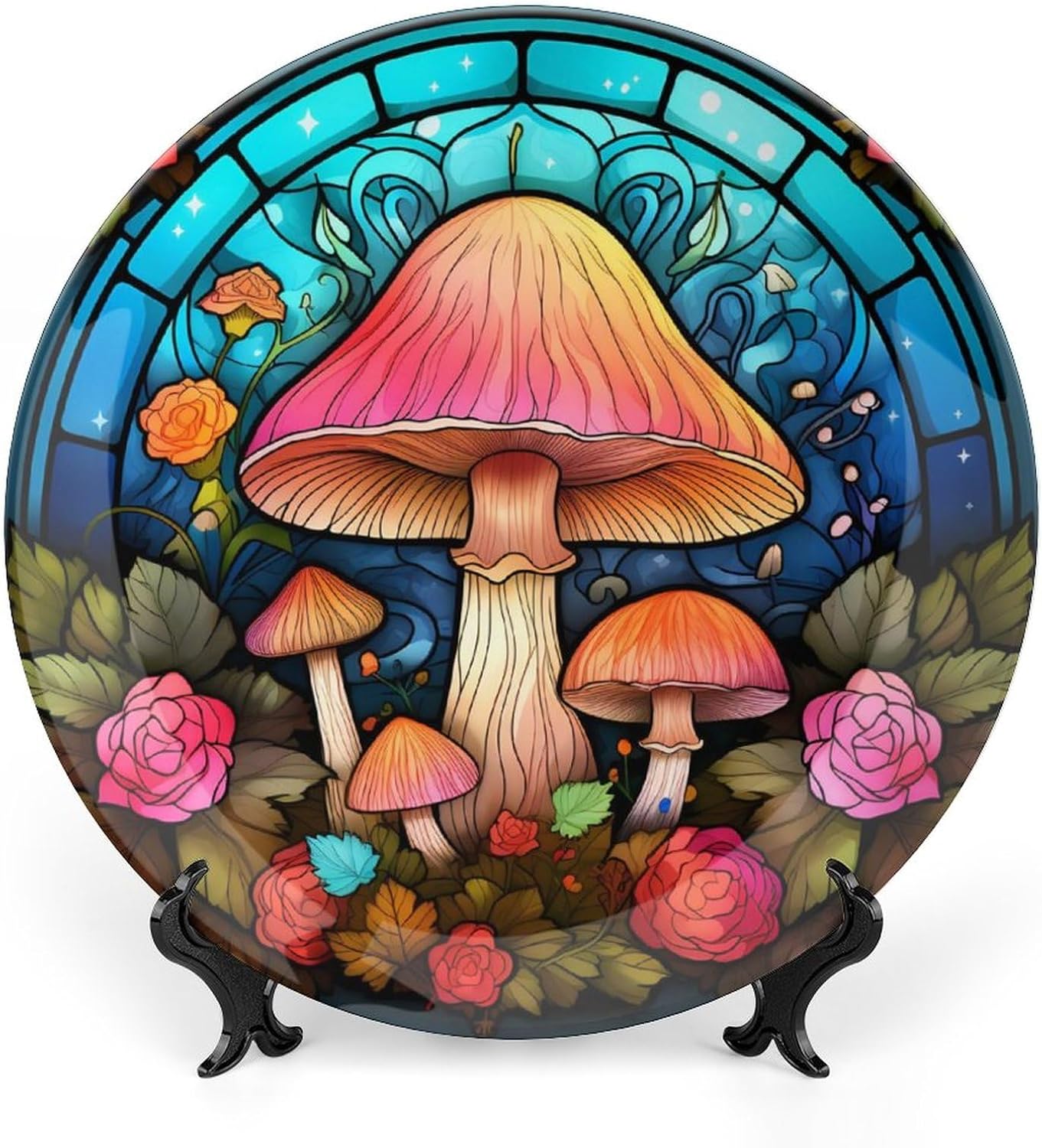 Decorative Plates, Mushroom Teal Stained Glass Painting Display Plate for Home Office Kitchen Table Decor Porcelain Plates 8 Inch, Gifts for Mushroom Lovers