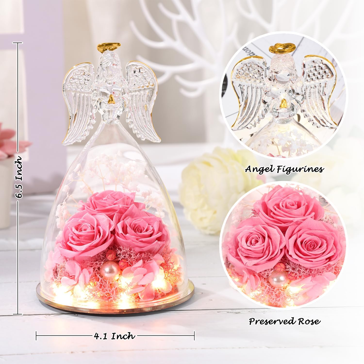 Birthday Gifts for Her, Glass Angel Figurine with Three Rose Gifts, Preserved Forever Real Rose Gifts for Women, Angel Guardian with Rose, Gifts for Valentine Mothers Day - Image 2