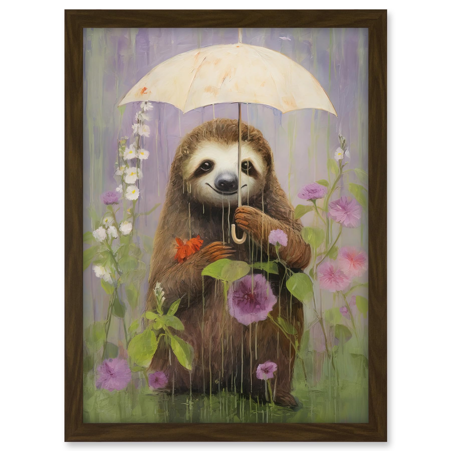 Artery8 Picking Flowers in the Rain Oil Painting Cute Sloth with an Umbrella in a Wildflower Meadow Kids Bedroom Artwork Framed A3 Wall Art Print