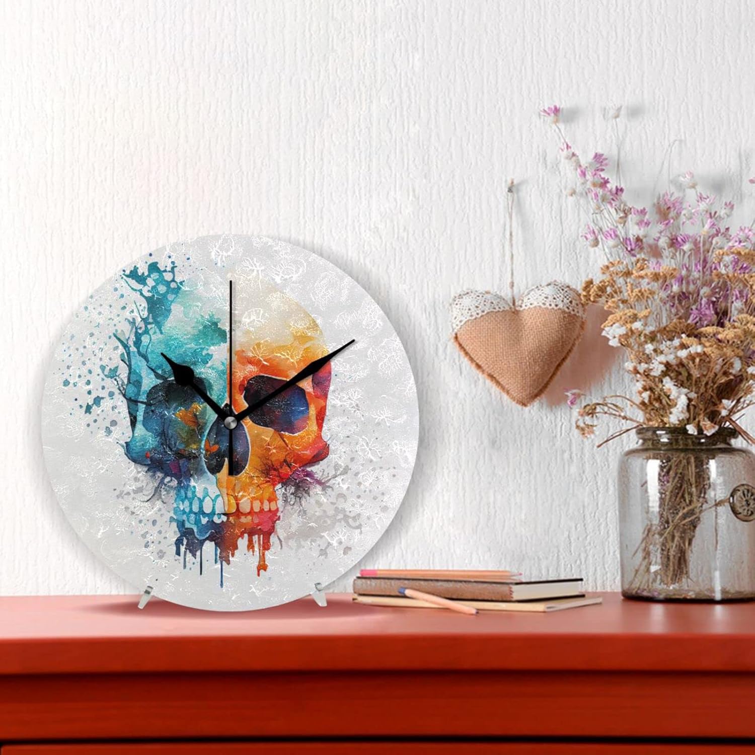 AIXIWAWA Round Table top Clock Wall Clock (Watercolor Skull) 9.84 inch Oil Painting Texture Modern Style