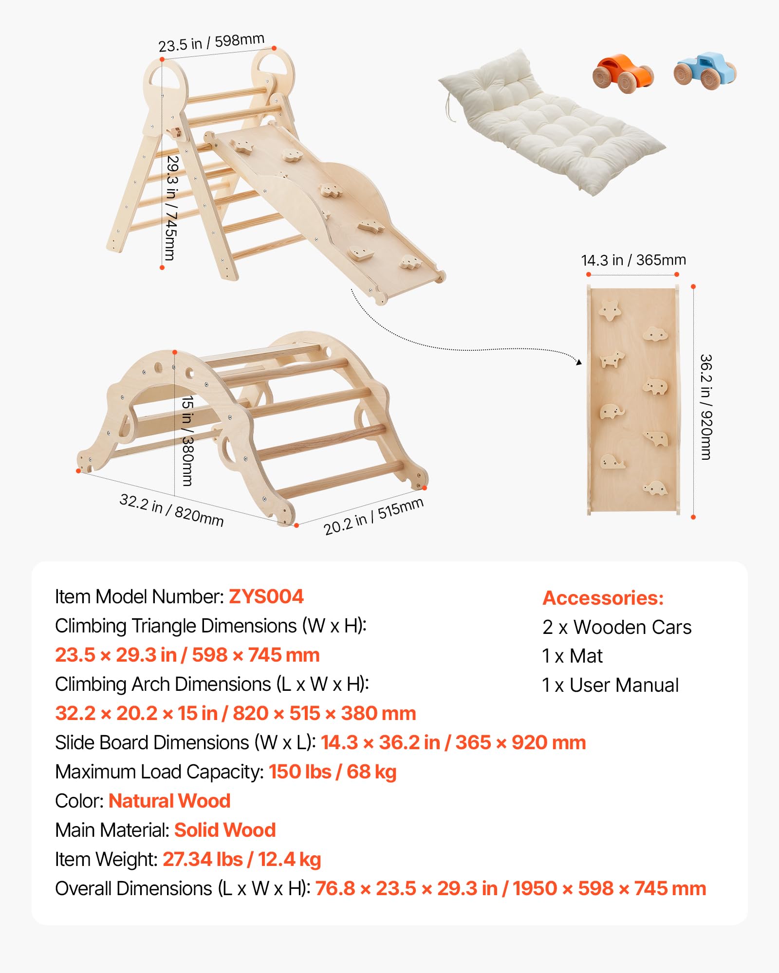 VEVOR Kletterdreieck, 9-in-1 Kletterspielzeug, mit Holzautos, Kissen, Kletterdreieck, Rutsche & Kletterbogen, bis 68 kg Belastbar, Montessori Indoor Spielset für Kinder im Alter von 1 bis 3 Jahren