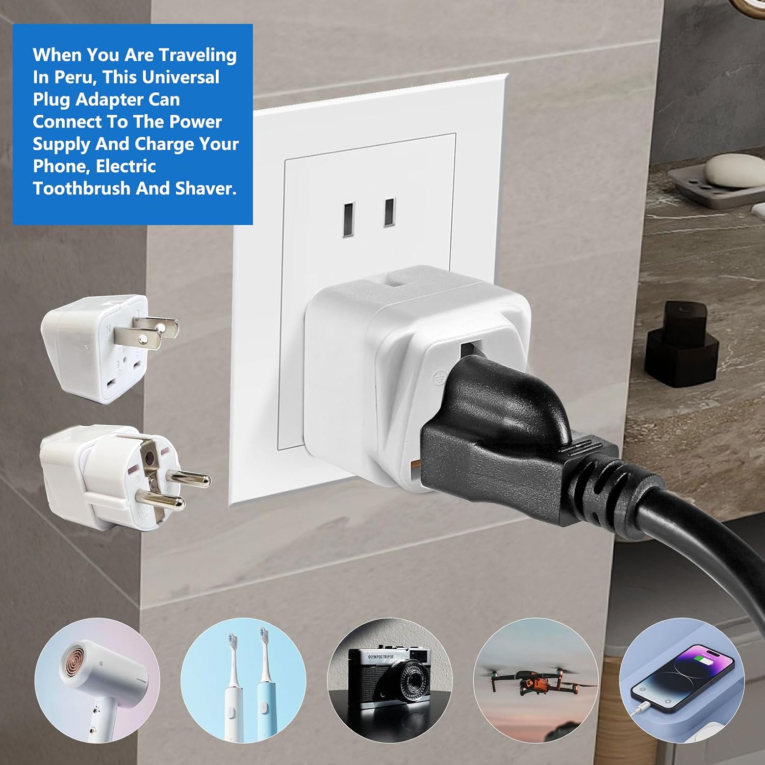 Peru Travel Adapter Plug 2-Pack - USA to South America Power Adapter Type A & E (White) - Dual Flat/Round Pins, 13A 250V Compact Design for Peru