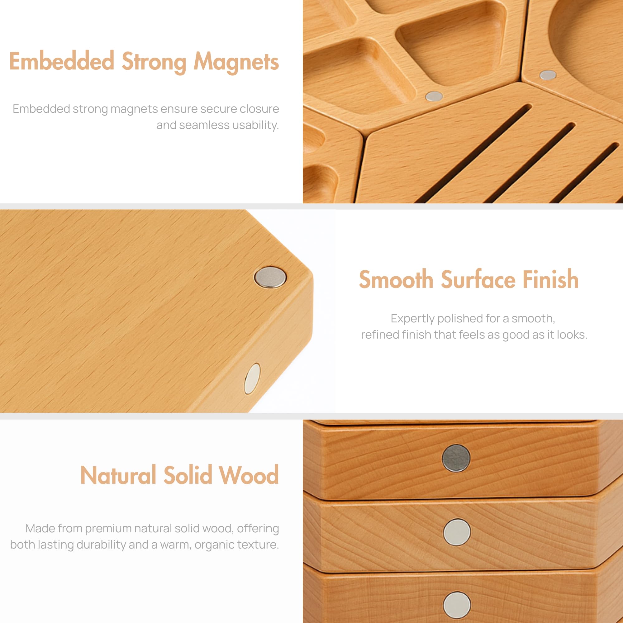Juego de bandejas magnéticas de madera (7 piezas) | Organizador modular hexagonal para juegos de mesa, dados, tarjetas y miniaturas