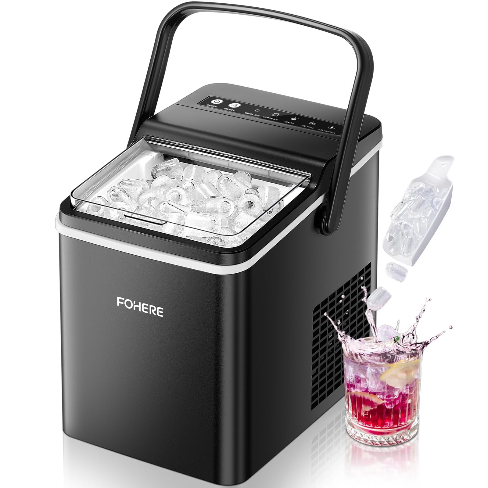 FOHERE Machine à Glaçons avec Poignée Portable, 14kg/24h, 9 Glaçons Bullet en 5 Minutes, 2 Tailles, Auto-Nettoyante, avec Cuillère & Panier – Idéale pour Maison Cuisine Bureau Camping Caravane