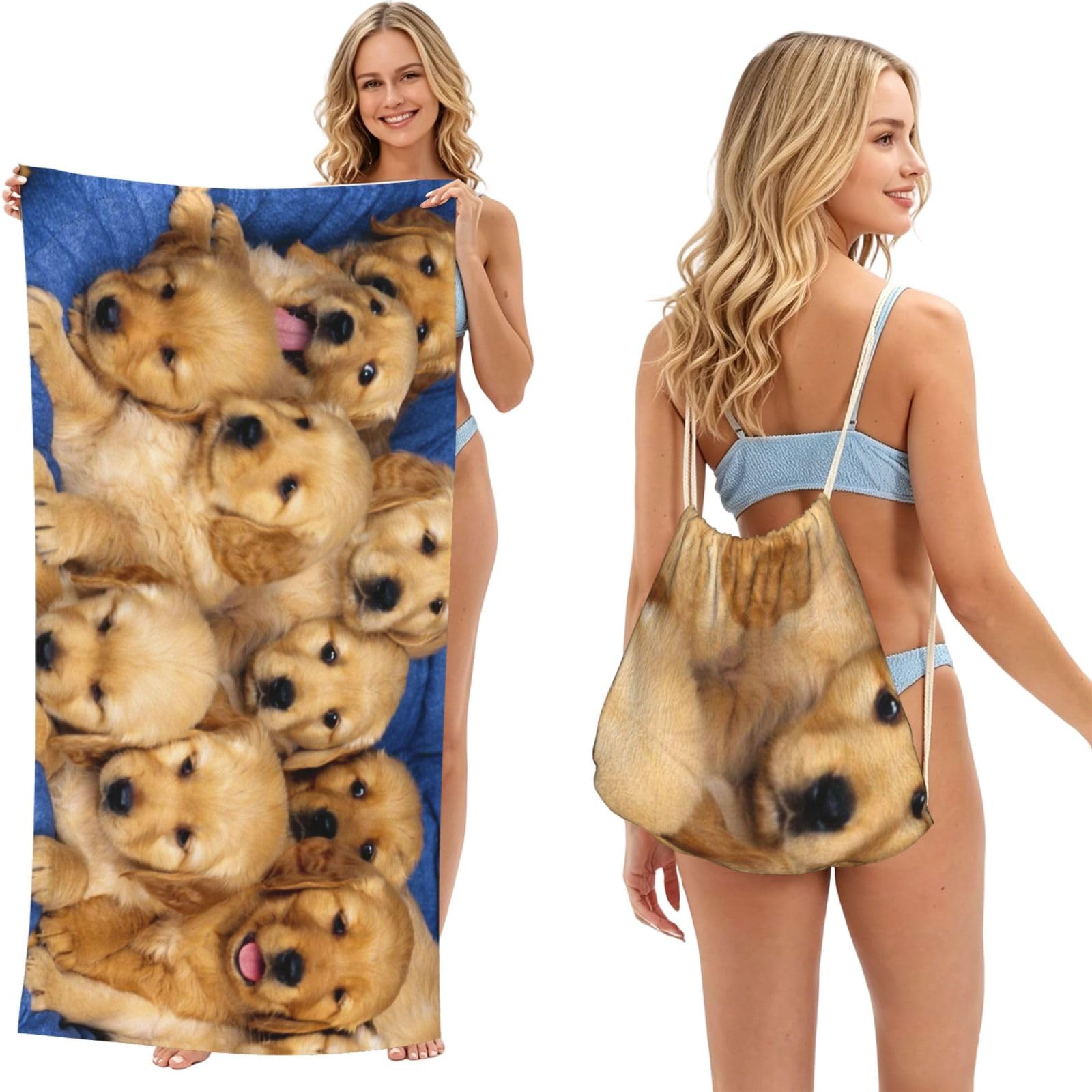 WSHFFILO Dog Pattern printed 2 in 1 Packable Towel Bag Bath Towel Beach Towel