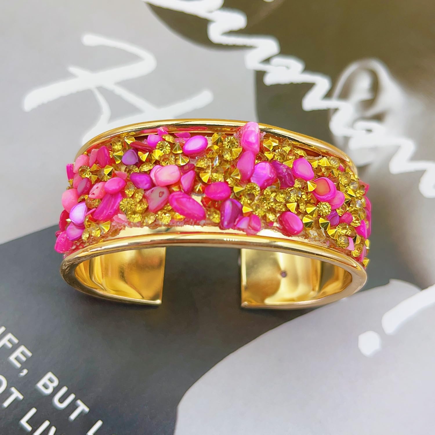 Vivian&CD Bohemian Retro Chunky Cuff Bracelet for Women, Gold Open Adjustable Bangle with Zircon Stones or Rhinestone Accents, Statement Jewelry for Wedding, Party or Bold Everyday Style - Image 2