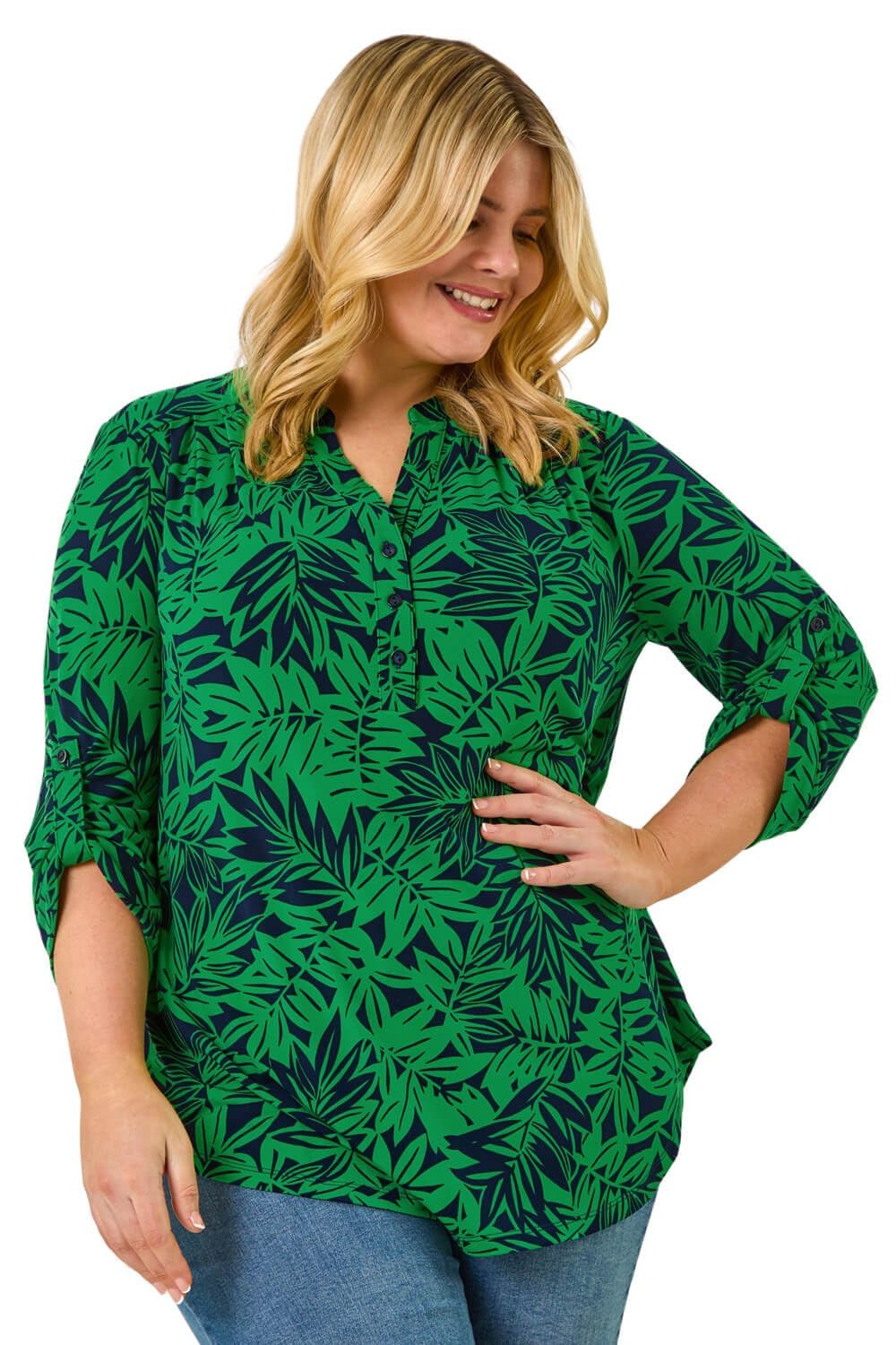 Roman Originals Women's Green Plus Roman Shirt For Uk Top Collarless Blouse Stretchy Tunic Smart Casual Autumn Winter Jersey 3/4 Length Sleeve Notch V Neck Flattering Office Work - Size 2224