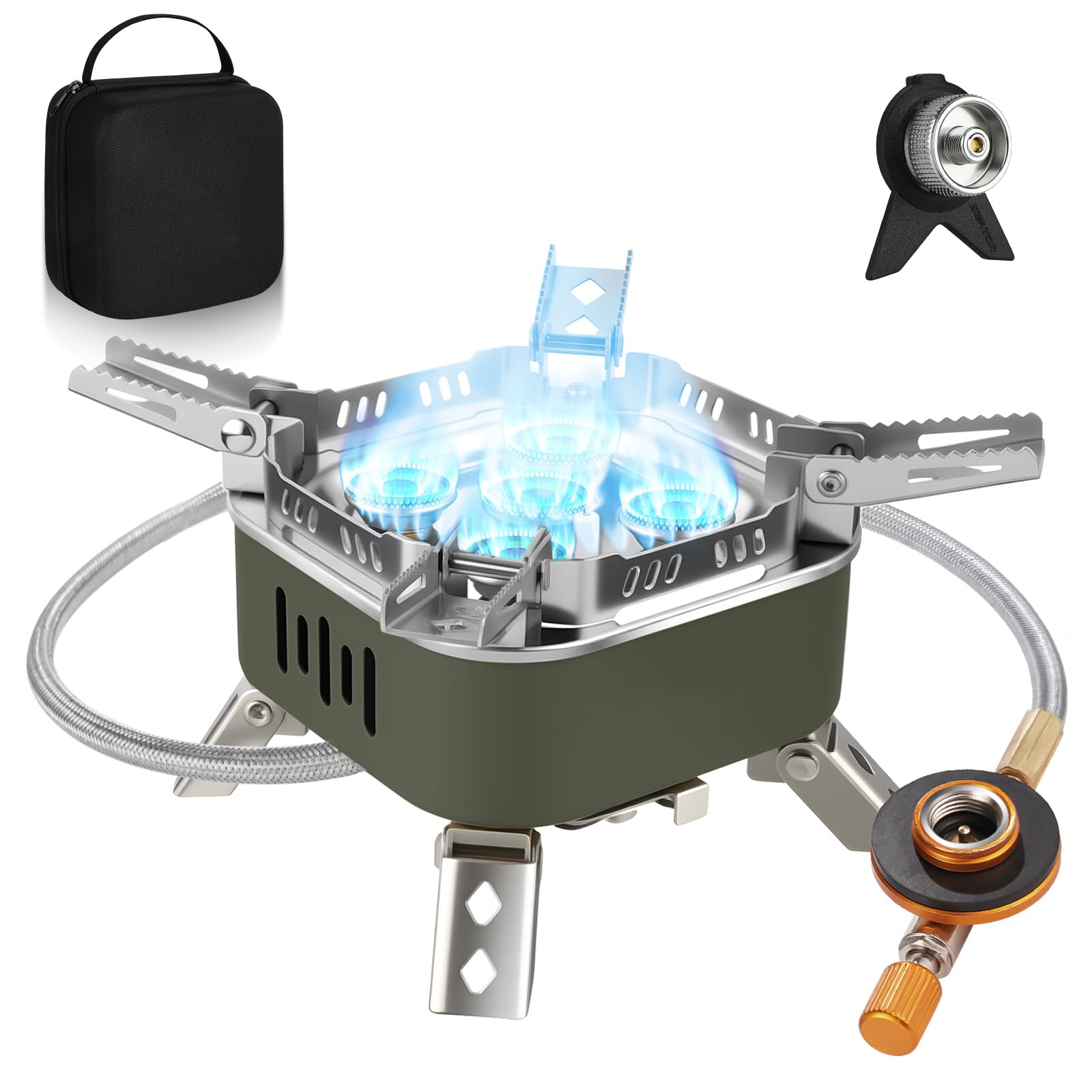 Adiwo 15800w Fornello da Campeggio, Pieghevole Gas Camping Stove Migliorato con 5 Bruciatori, Accensione Piezoelettrica e Borsa Portaoggetti, Mini Stufa da Campeggio Antivento(Verde Militare)