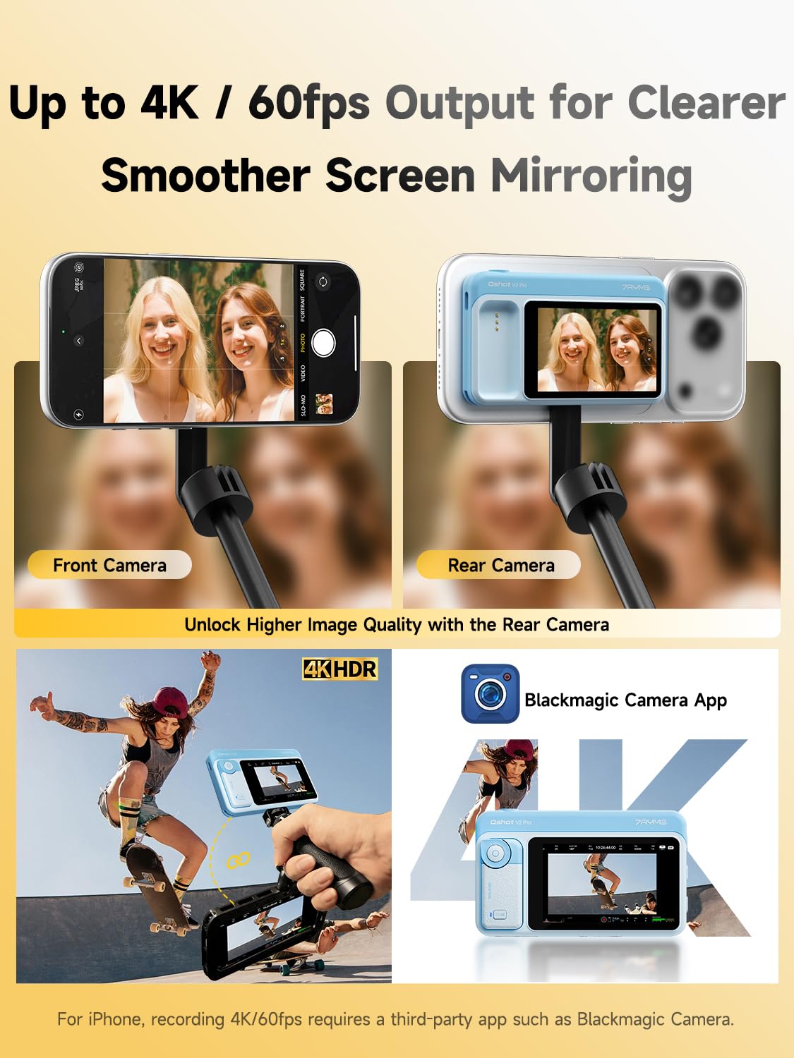 7RYMS Qshot V2 Pro Selfie Monitor, Magnetischer Smartphone Rückkamera Bildschirm für iPhone & Android, 4K 30fps Kabellos / 60fps Kabelgebunden, mit Fernbedienung für Vlog TikTok Livestream (Blau)