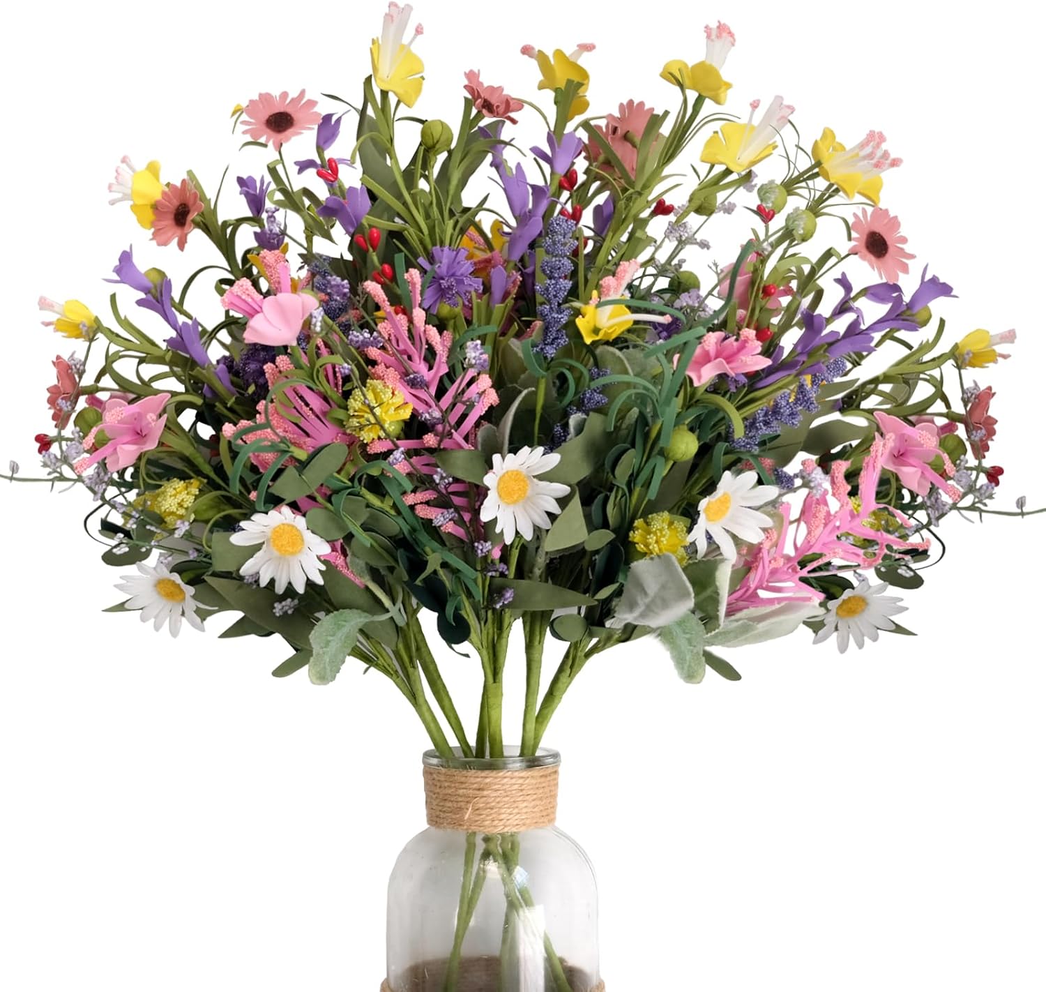 Bibelot Artificial Faux Plants Flowers Indoor Spring Summer Decor, 6 Bundles Fake Silk Daisies Lavender Branches for Indoor Outdoor Wedding Office Party Hotel Home Decor, Vase Not Included