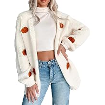 Women's Halloween Pumpkin Knit Cardigan Open Front Solid Long Sleeve Drop Shoulder Cardigan Holiday Sweater