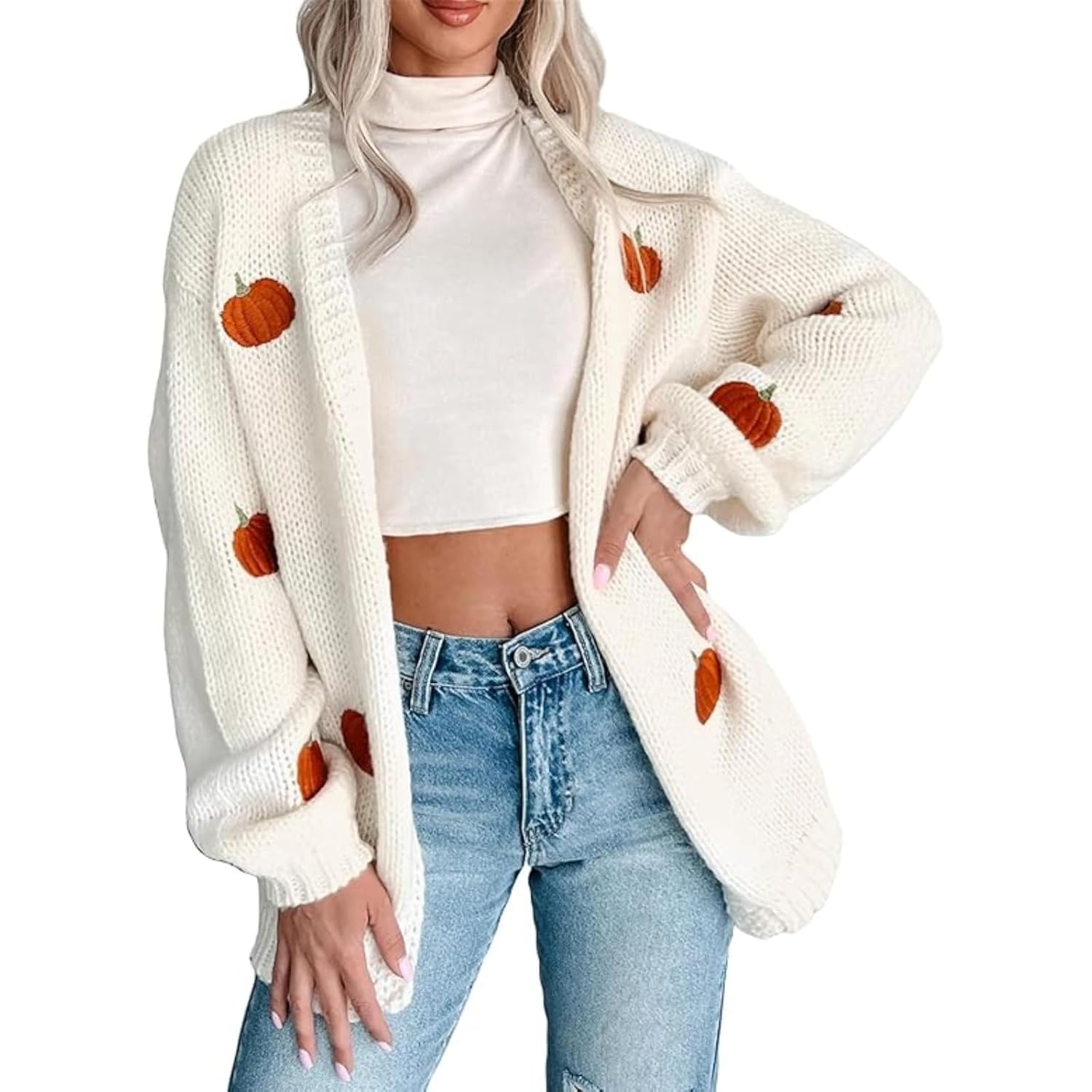 Womens Halloween Pumpkin Knit Cardigan Open Front Solid Long Sleeve Drop Shoulder Cardigan Holiday Sweater