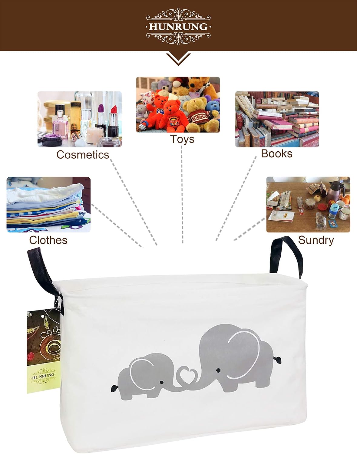 Rectangle Foldable Storage Basket Handles For Home, Love Elephant image 4