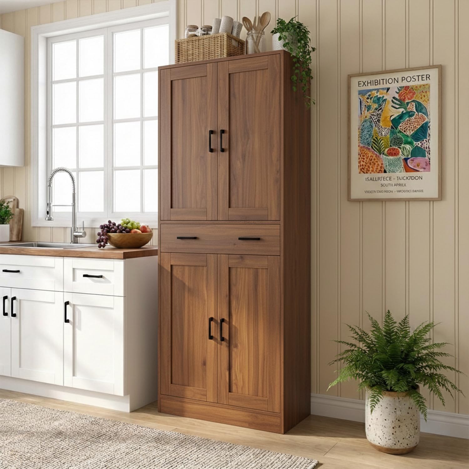 71" Tall Kitchen Pantry Cabinet, Freestanding Food Storage Cupboard with Drawer and 4 Doors, Large Brown Utility Floor Cabinet with Adjustable Shelves for Dining Room, Breakroom, Home Office