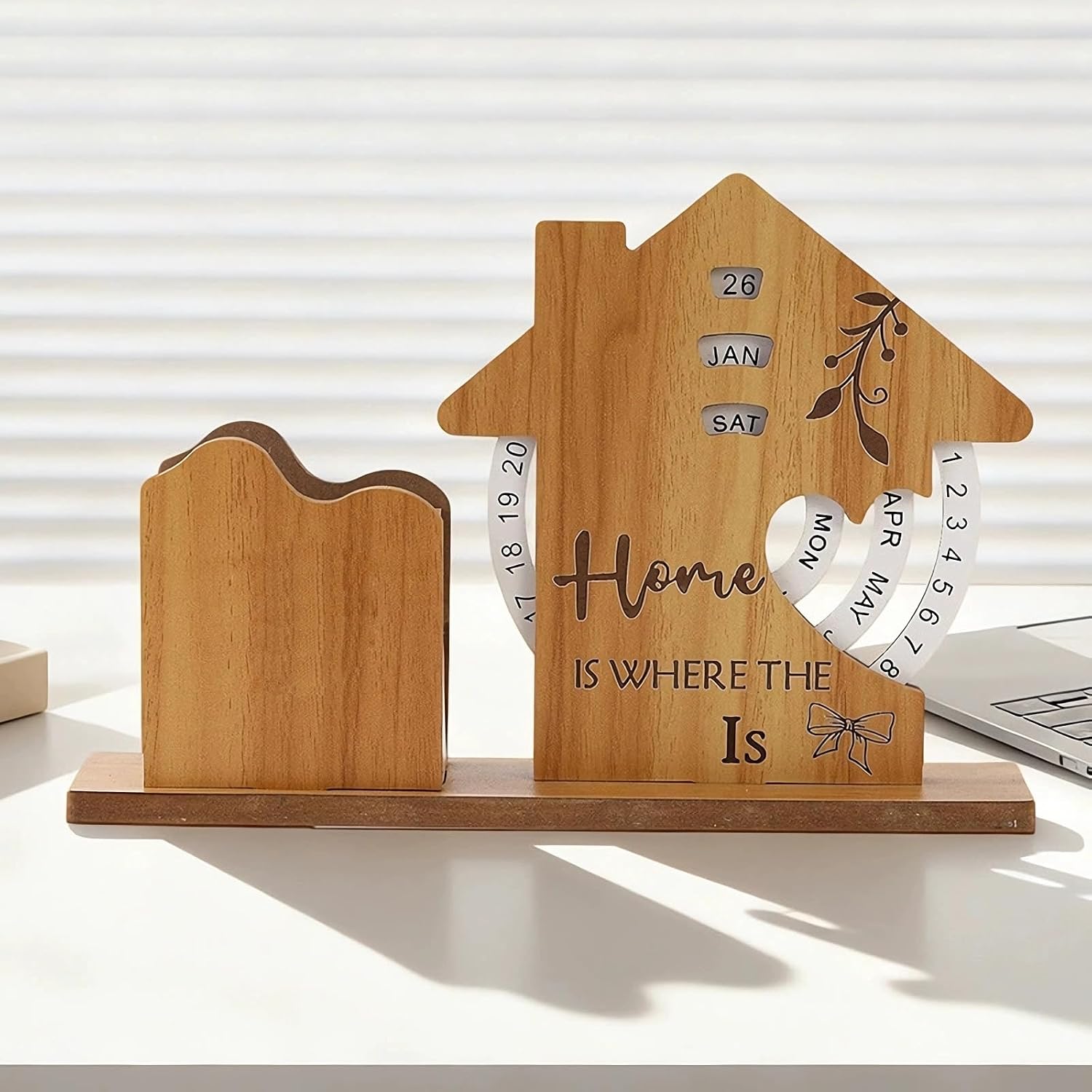 Retro Wooden Perpetual Calendar With Pen Holder, Creative Rotary Perpetual Desk Calendar Month Date Display, Desktop Small Ornaments Decoration For Home Office DéCor