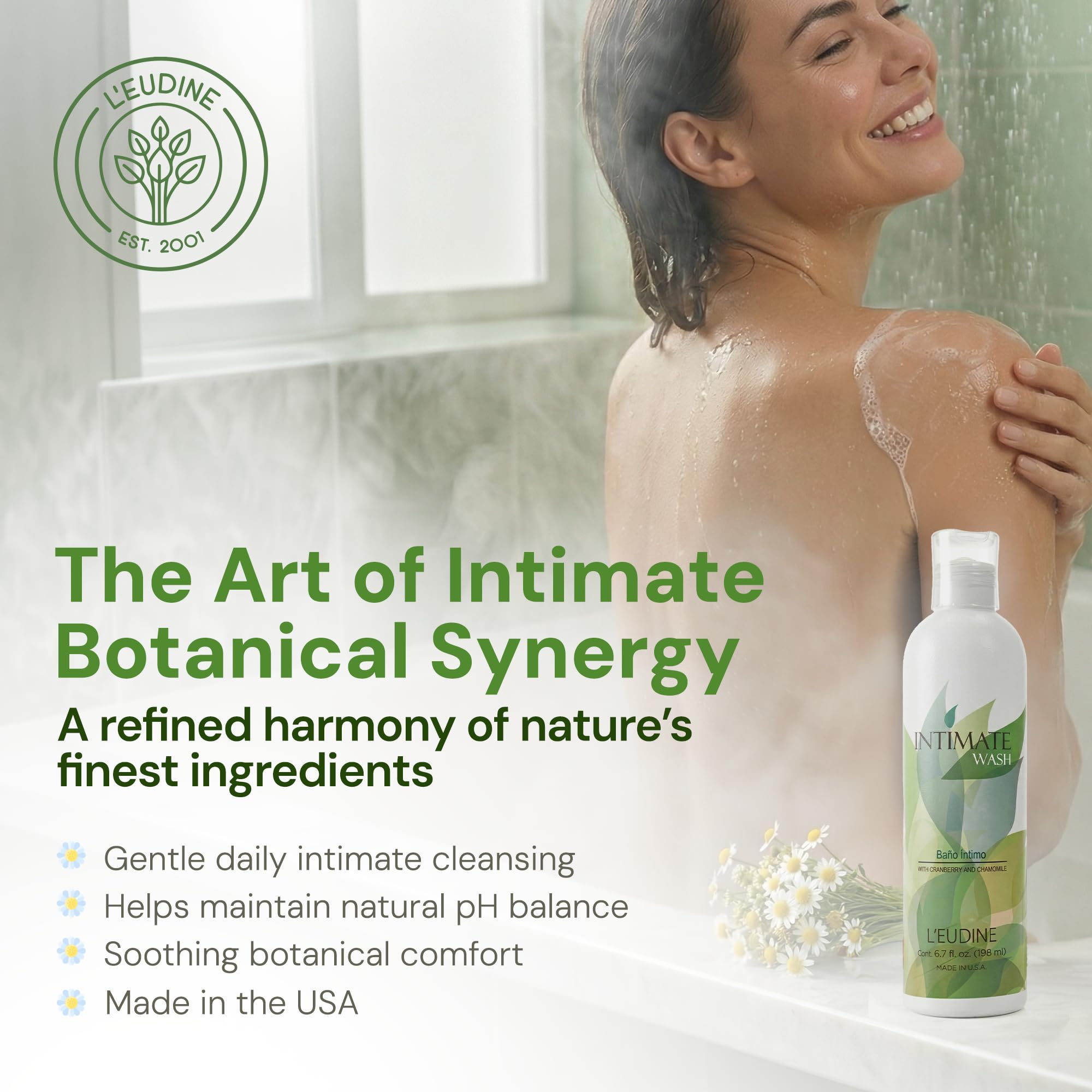 L’EUDINE Feminine Care Body Wash 6.7Fl Oz – pH Balancing Feminine Wash with Chamomile, Aloe Vera – Intimate Wash Women and Men for Daily Freshness – Gentle and Comforting