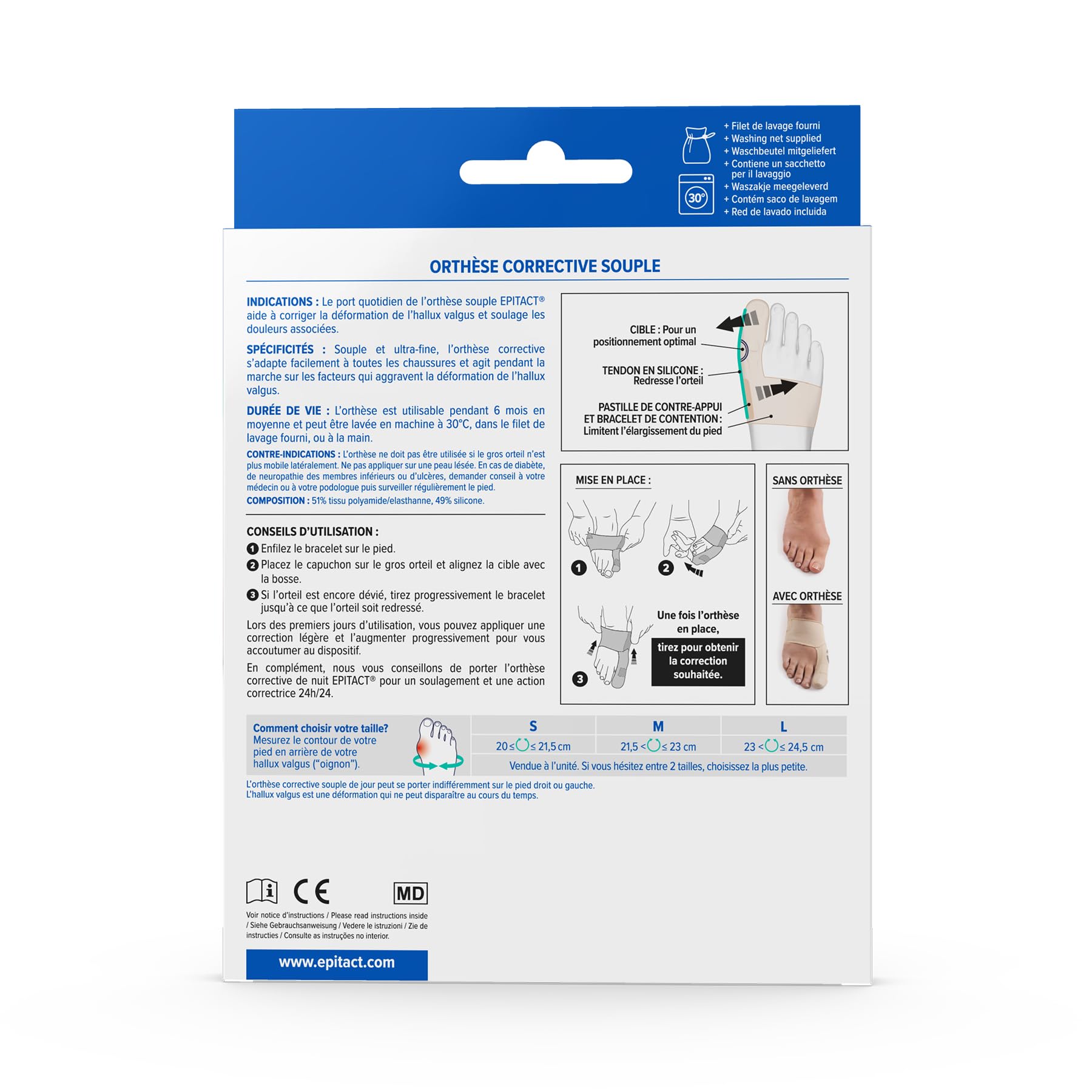 Epitact Orthèse Hallux Valgus Jour Corrige la Déformation à la Marche Soulage les Douleurs Fine Souple L (Lot de 1)