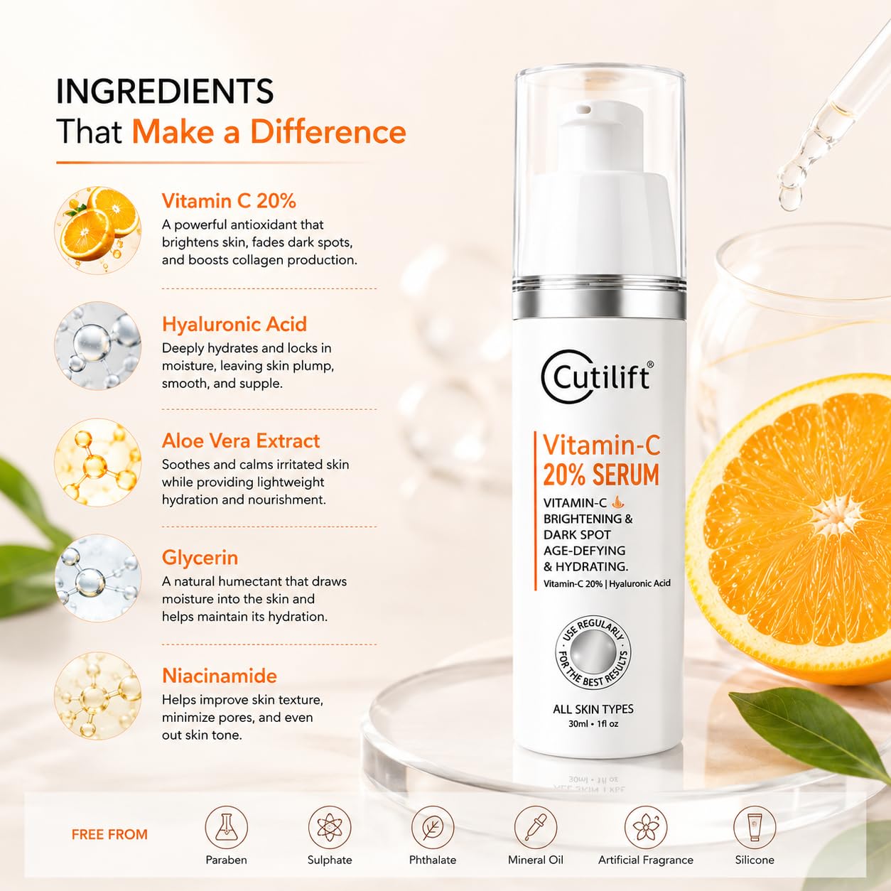 Cutilift Vitamin C 20% Serum | Brightening & Antioxidant Face Serum with Stable Vitamin C, Hyaluronic Acid & Vitamin E 30 ml 1