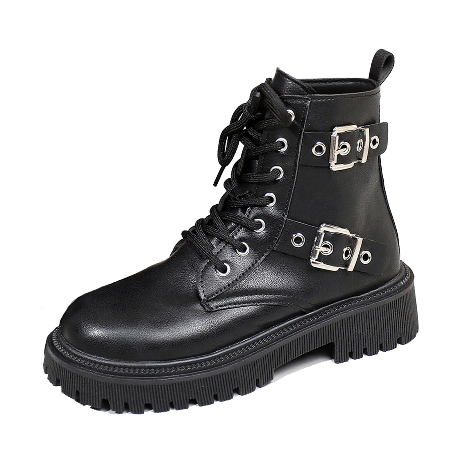 Womens Leather Platform Combat Ankle Boots with Side Zipper Fashion Buckle Straps Lace Up Chunky Heel Goth Booties