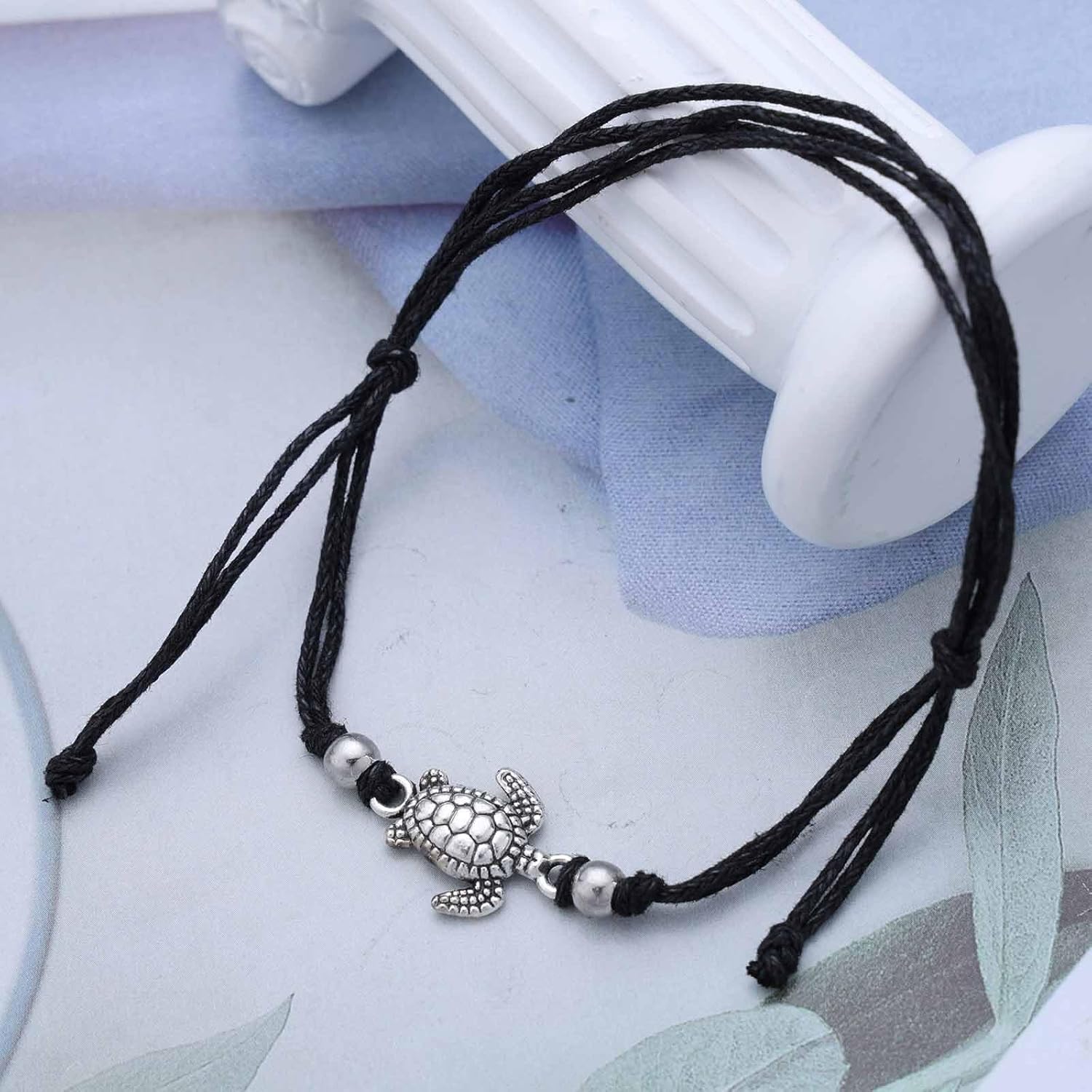 Bohemian Sea Turtle Anklet Bracelet Black Woven Rope Ankle Bracelet Silver Metal Turtle Chain Anklet Adjustable Wax Cord Anklets Summer Beach Foot Chain Jewelry for Women - Image 4