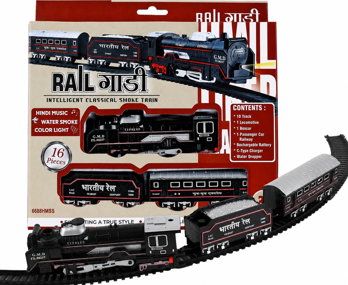 Rechargeable Rail King Train Toy Set with | Real Smoke Effect | Train Sound | Color Effect | C Pin Charger | 16 Pieces Set-image-13