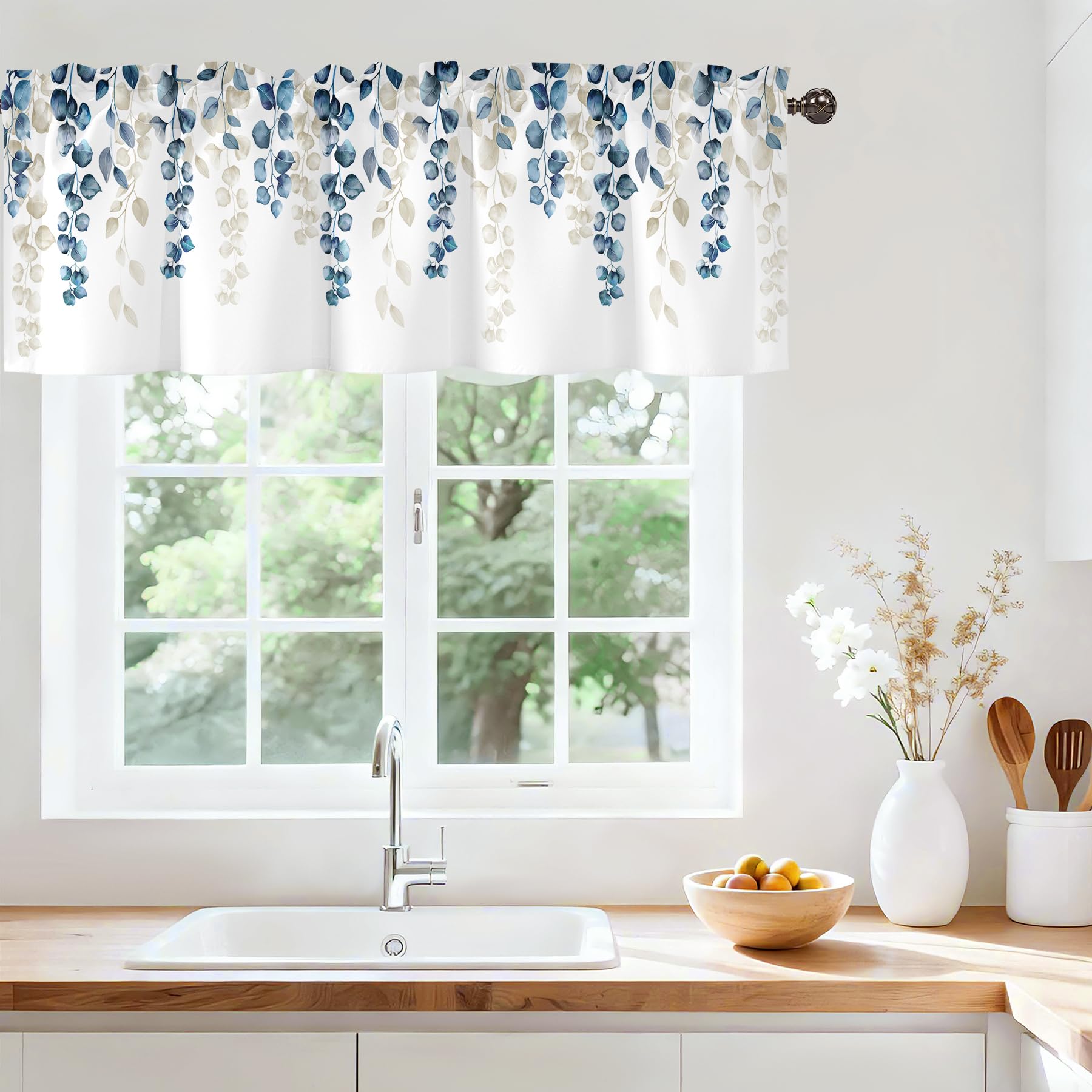 Blue Leaves Valance Curtains for Windows, Sheer Rod Pocket 42x12 in