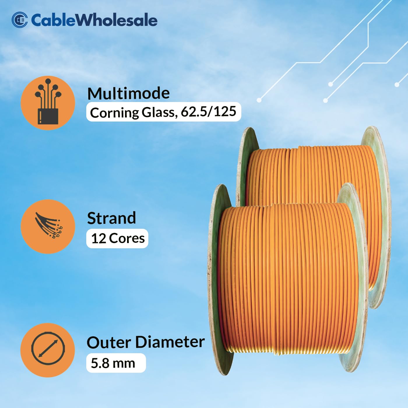 CableWholesale 12-Strand Fiber Indoor Distribution Fiber Optic Cable, Multimode, OM1 62.5/125 Micron, Orange, Riser Rated, Spool, 1000 feet