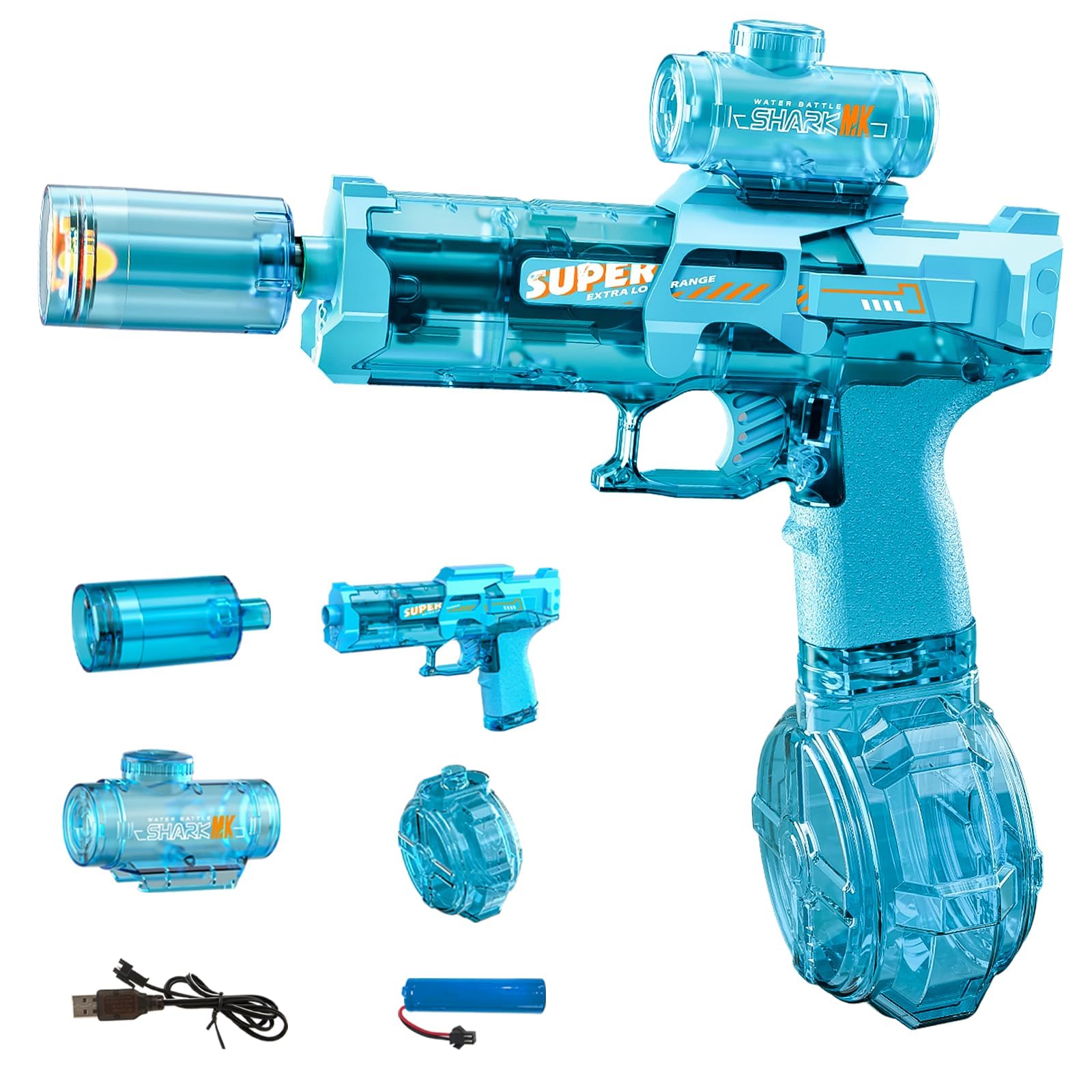 Elektrische Wasserpistole Erwachsene Kinder, Automatische Sprühwasserpistole mit LED-Lichtern, Spielzeug für Sommer-Außen-Pool-Strand-Partys, Blau