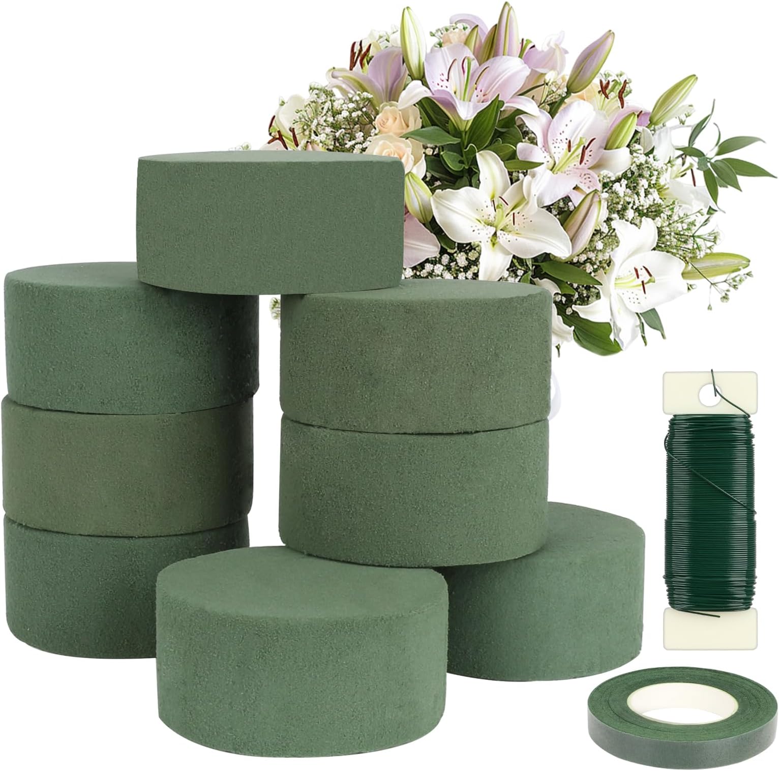 QWORK® 8 Pièces Cylindres De Mousse Florale De 8 X 6 Cm Pour Compositions, Mousse Florale Humide De Couleur Verte, Idéale Pour Les Mariages Et Les Célébrations